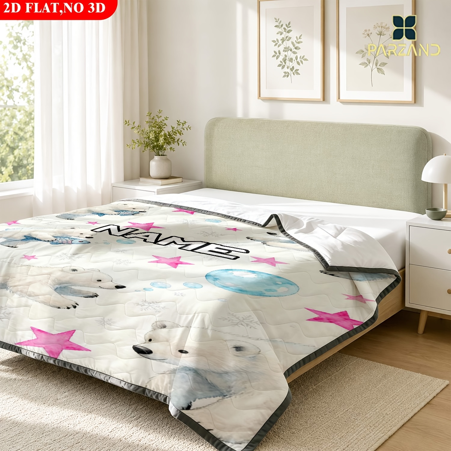 Custom Name Cute White Bear Lightweight Summer Quilt
