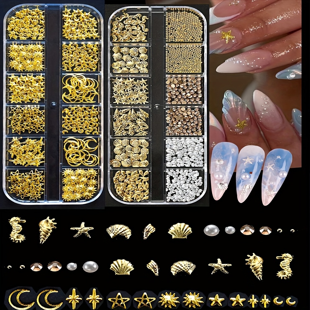 TEMU 2 Boîtes de Breloques d'Ongles Dorées 3D, 12 Grilles X 2pcs Style Doré Étoile de Mer Clous d'Ongles en Métal Perles Y2K Clous d'Ongles 3D Rivets