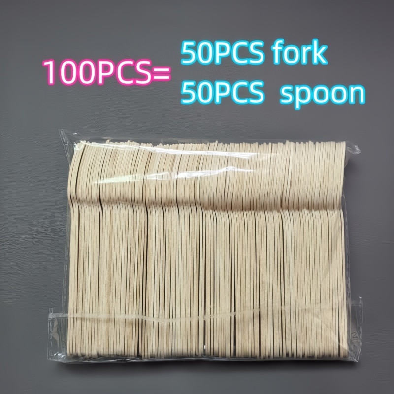 TEMU 100pcs Exquisite 5.51-inch Disposable Wooden Spoons And Forks, 50pcs Each. Suitable For Parties, Festivals, Birthdays, Weddings, And Home Decor.