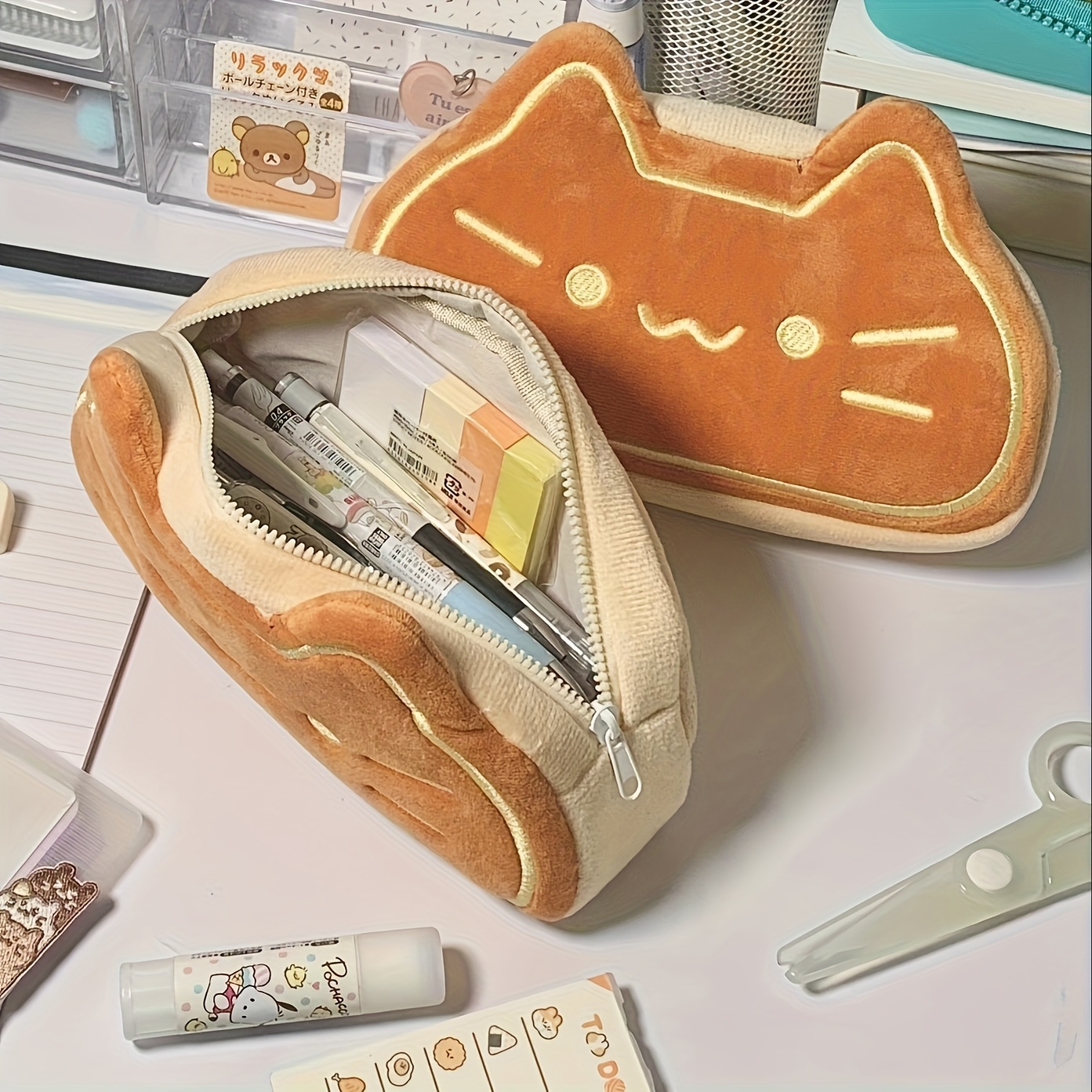 

Plush Pencil Case - Large Capacity, Soft Orange & Beige Design With Zipper Closure, Perfect Birthday Gift For Students 14+, Cute Pencil Case