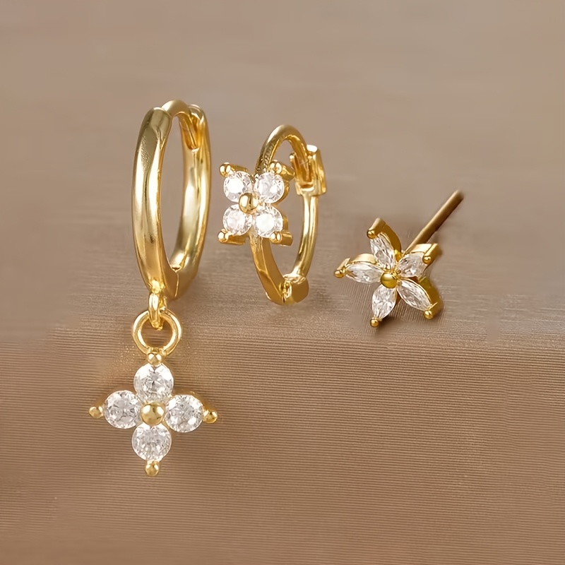 TEMU 3-delige elegante en minimalistische ingelegde synthetische kubieke zirkonia bloemen koperen oorbelset, geschikt voor dagelijks gebruik,