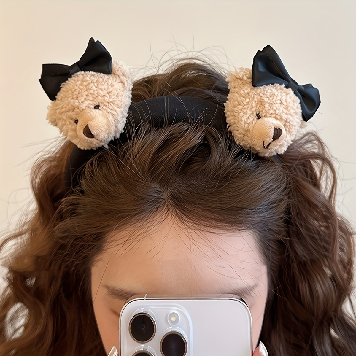 TEMU お出かけ用の愛らしいフェイスヘアバンド、多機能ぬいぐるみ滑り止めベアリボンヘアバンド