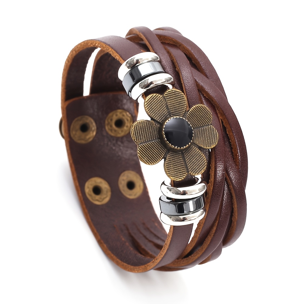 TEMU European And American Minimalist Vintage Fashion Woven Genuine Leather Bracelet, Unisex With Flower Decoration, Leather Couple's Accessory, For
