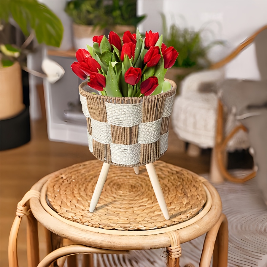 European-style Solid Wood Legged Woven Flower Stand - Floor-standing Cross-woven Simple Shelf for Living Room Sofa Coffee Table Side - Balcony Pothos Plant Pot Stand - Suitable for Small to Medium-sized Flower Pots | for Tabletop and Floor Use |