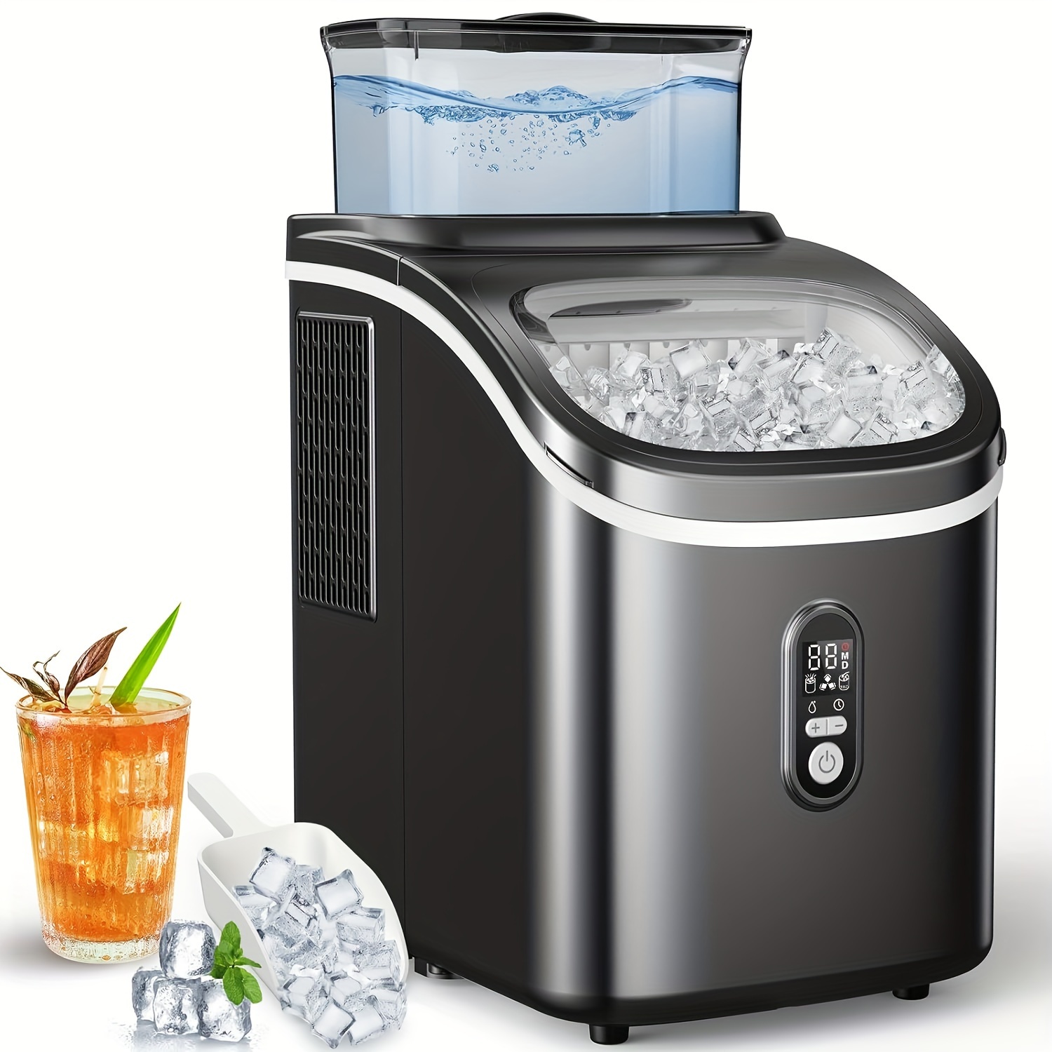 

A Portable Compact Ice Maker That Can Produce 30 Of Ice In , With A Top External Water For Self-cleaning , Producing 16 Ice Cubes In 13 Minutes, Comes With An Ice Basket, Family And Office Use.