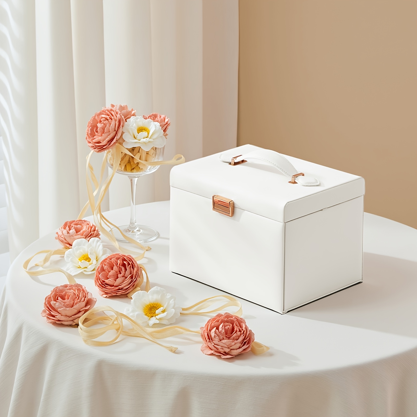 4-layer Portable Jewelry Organizer Box, With 3 Drawers, Built-in Mirror, Handle And Fastening Device, Suitable For Necklaces, Rings, Earrings And Watches. White.