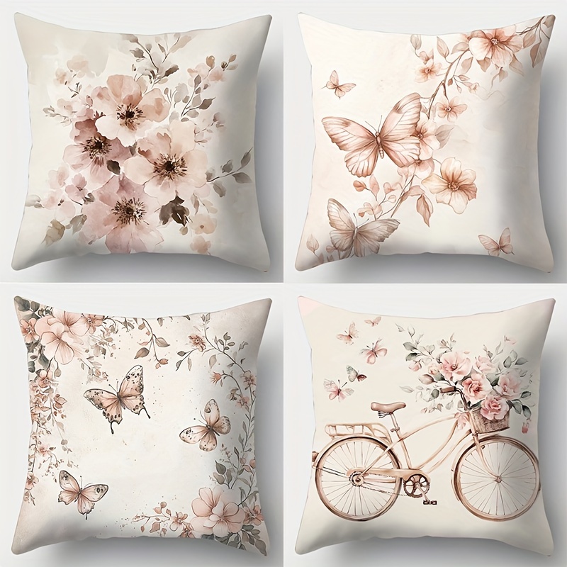 

4 housses de coussin de style contemporain avec unilatérale de fleurs, papillons et vélos - Tissu et confortable, lavage à uniquement, fermeture à glissière, convient à la décoration du salon