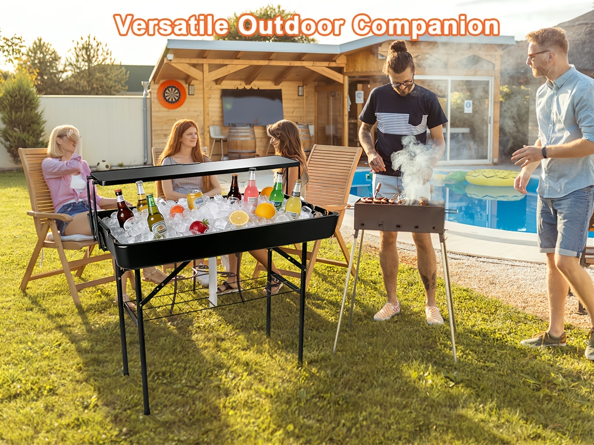 Double-Layer Cooler Table with Drain And Storage Rack, Portable Folding Ice Cooler Table with Matching Skirt for Picnic, Party, Outdoor Events, Camping, Wedding, 40.5 X 39.3 X 22.04 Inches