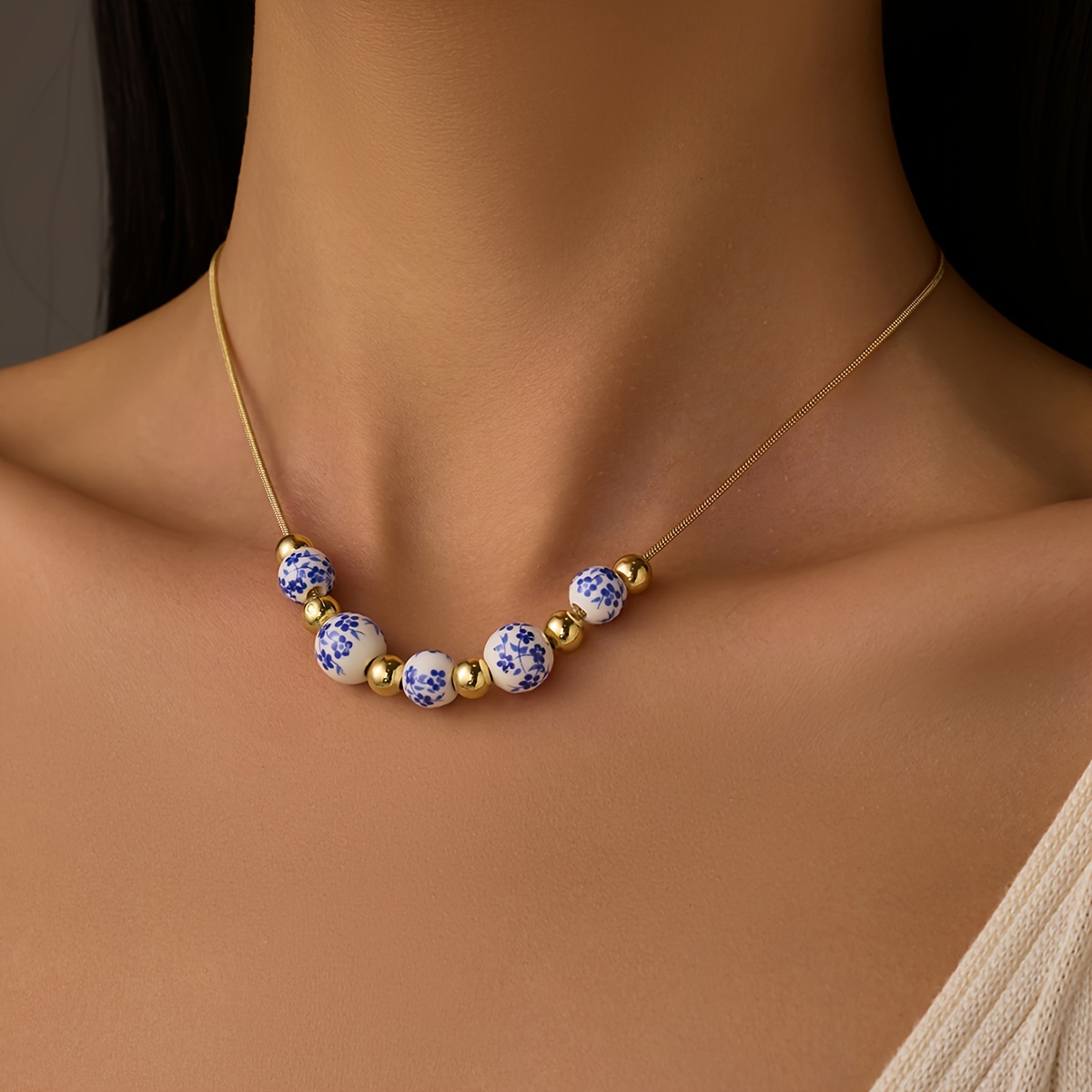 

Vintage Blue And White Porcelain Bead Choker Necklace - 14k Golden Plated Ceramic Mosaic On Stainless Steel Chain - Daily Wear Neck Accessory For Women - Summer Collection