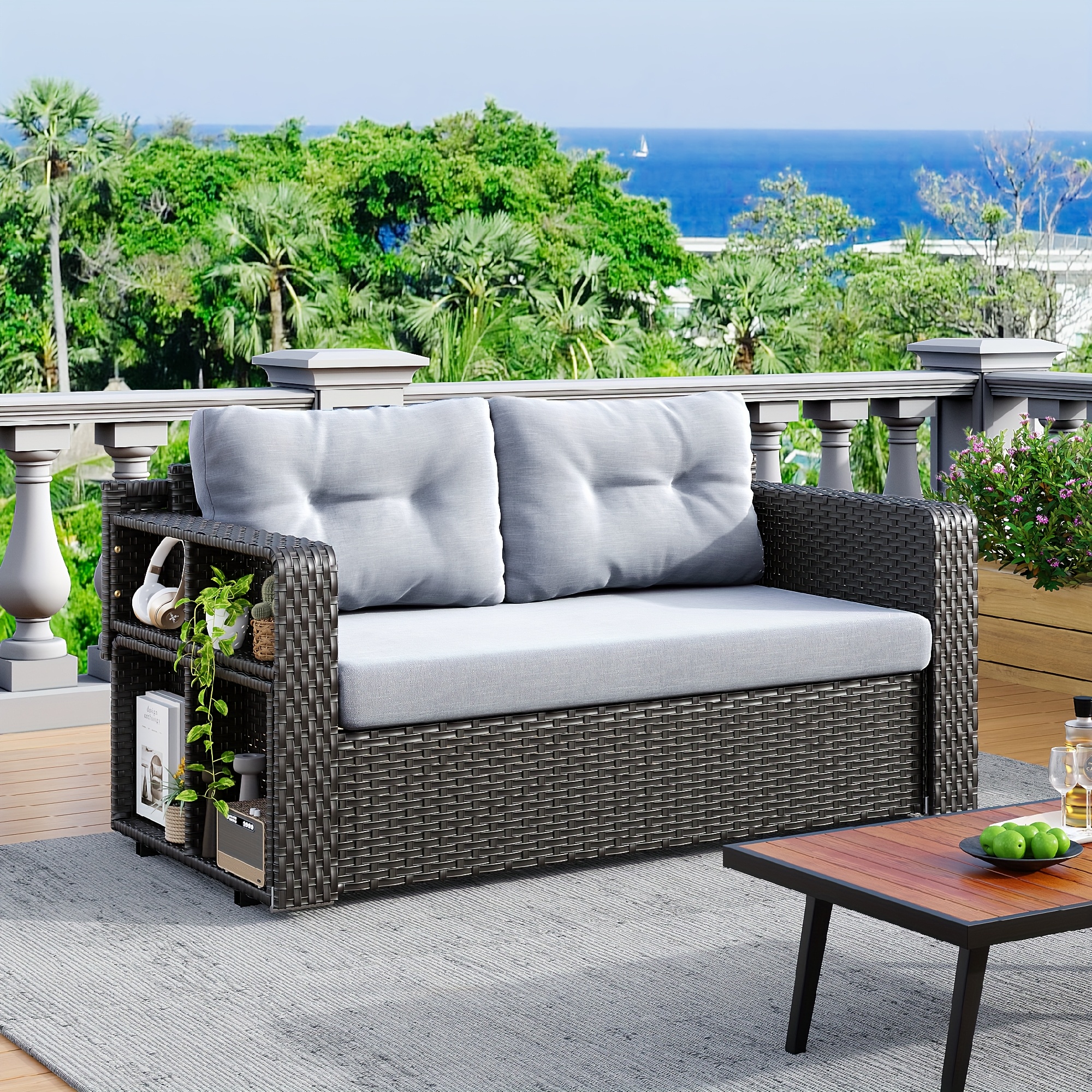 Patio Wicker Sofa With Foldable Long Table, Outdoor Rattan Couch Furniture * With Deep Seat High Back And Blue Cushion/ Grey Cushion