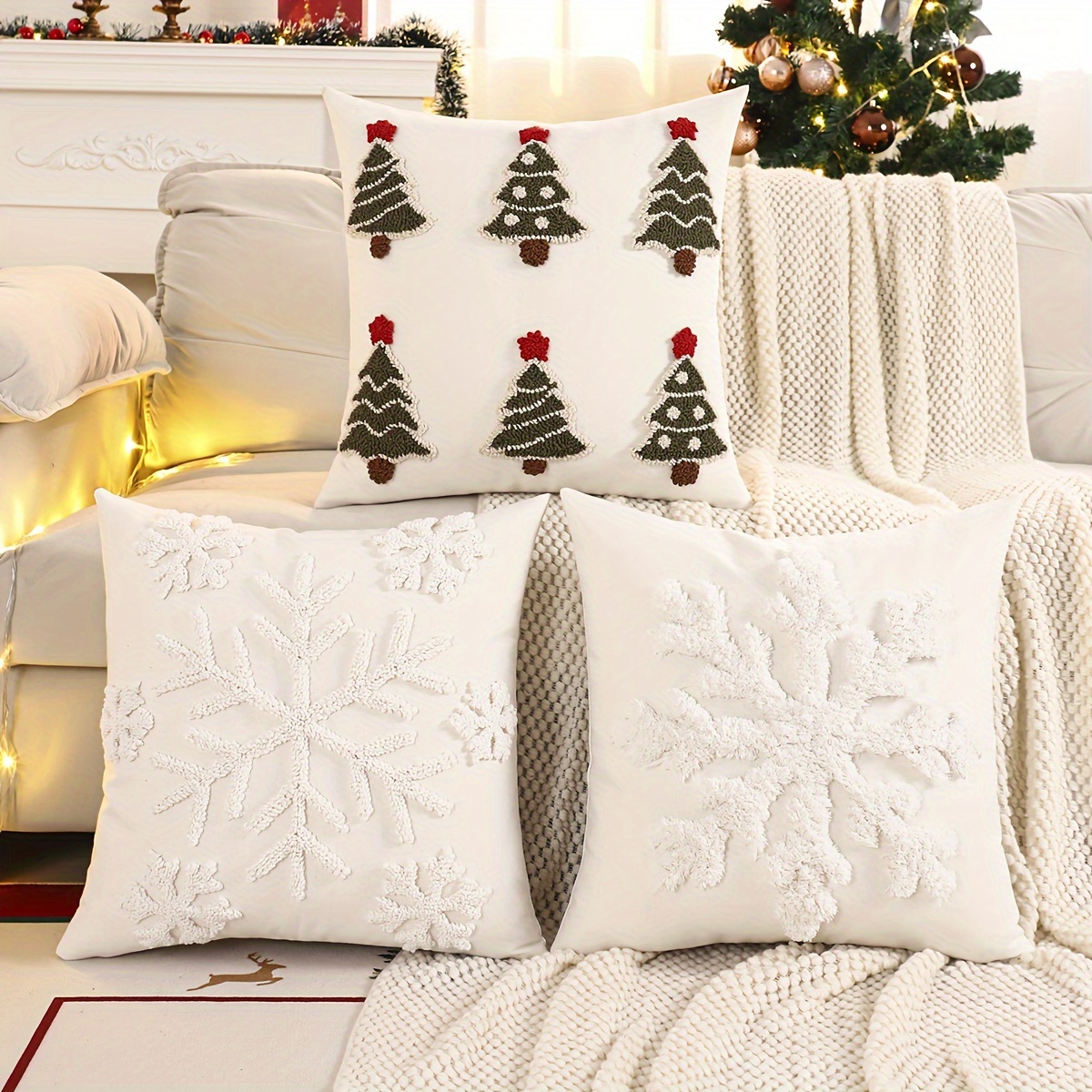 

1pc Housse de Coussin en Toile Brodée avec Sapin de Noël & - Fermeture Éclair, Lavage à Uniquement - pour la Décoration du Salon