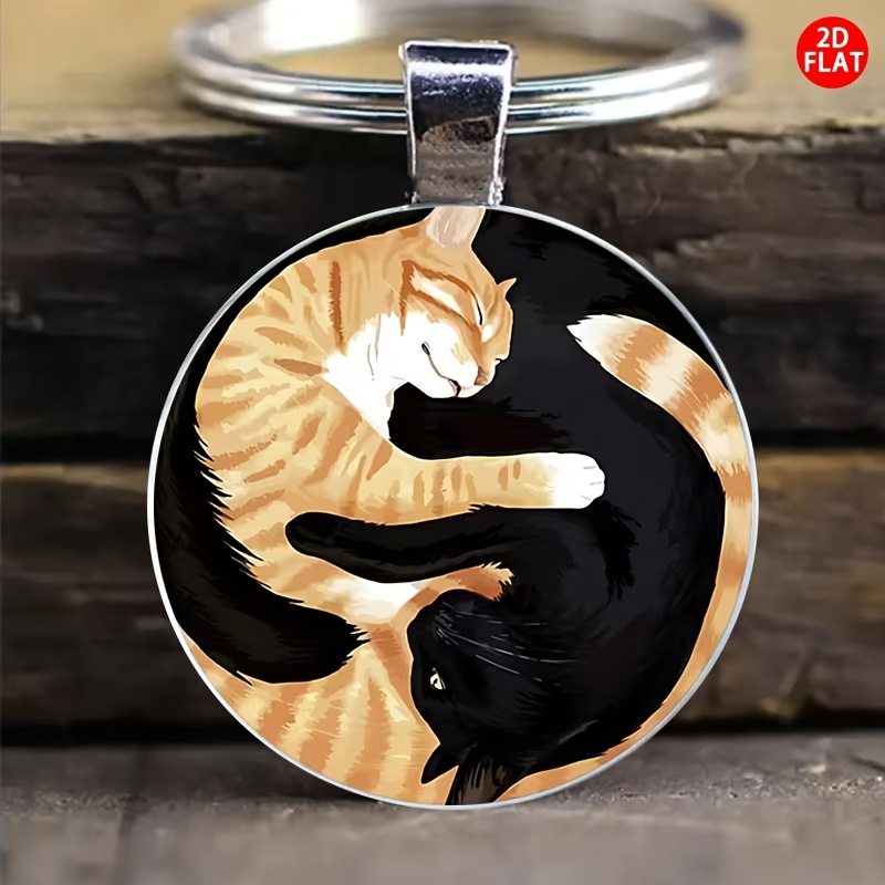 TEMU Llavero 2D con diseño de gato Yin Yang - Diseño de gato negro y naranja, decoración de moda para hombres y mujeres, decoración para llaves de