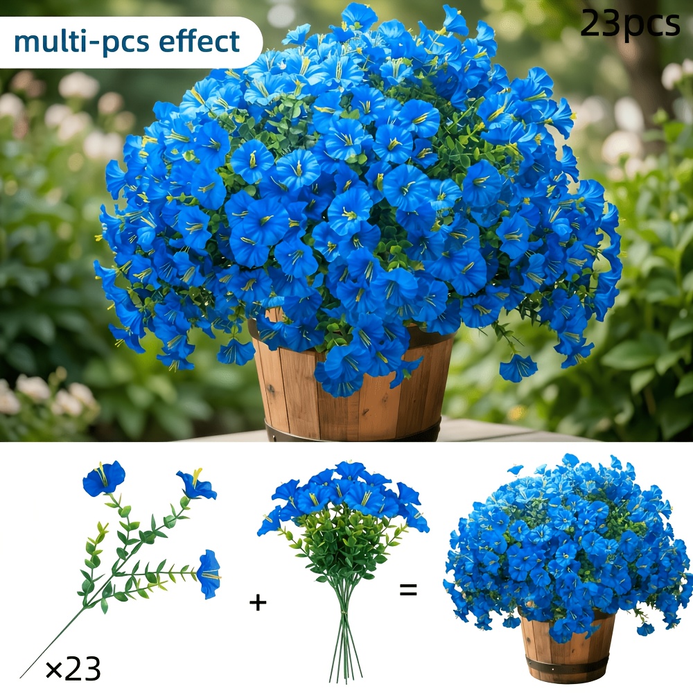 TEMU 69 Flowers Realistic, Uv-resistant, Artificial Flowers With Eucalyptus, Blue Fake Plastic Plants For Indoor Outdoor Porch Patio Planter Window
