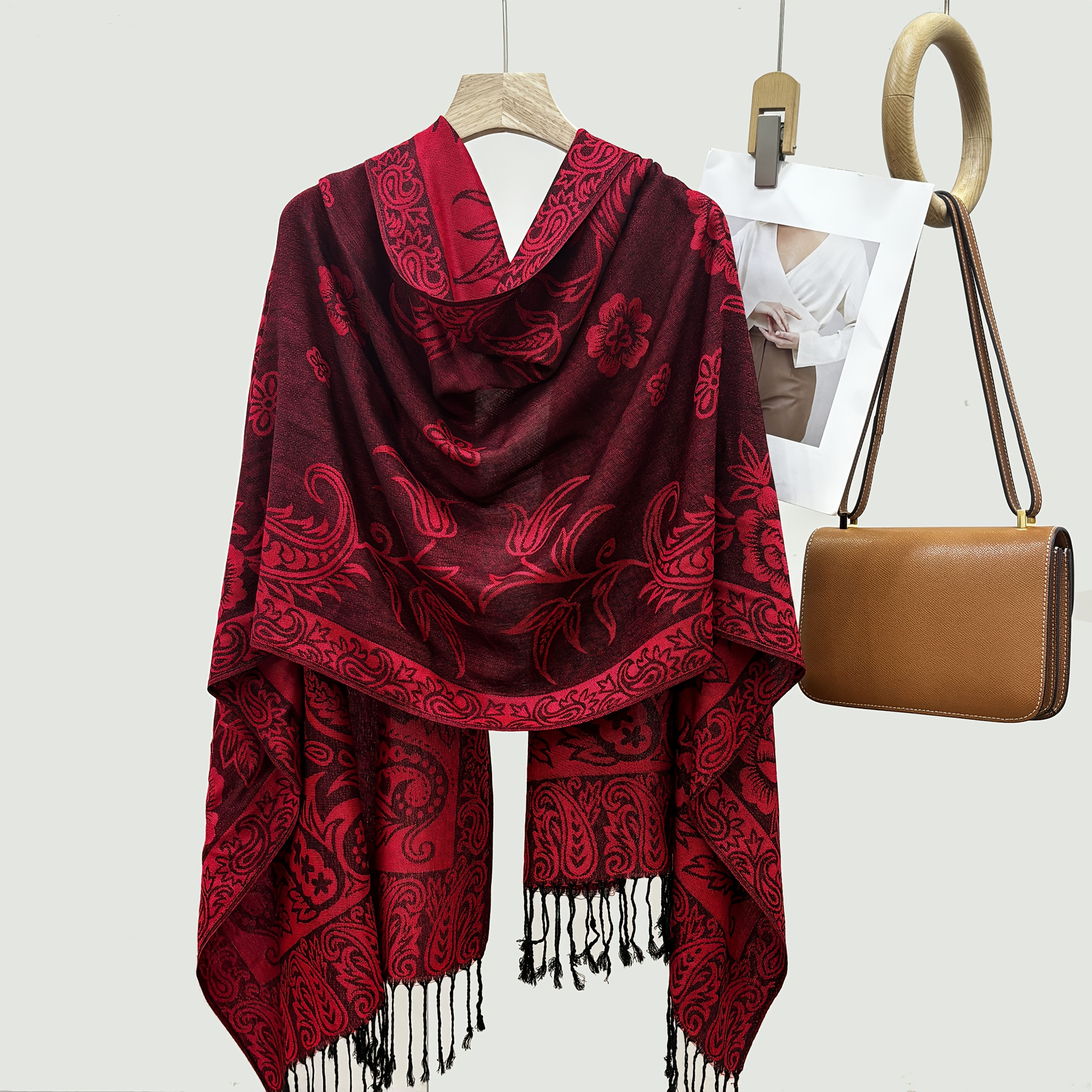 Image of This Shawl Is In Multiple Colors, With Exquisite Floral And Paisley Patterns, Featuring Fringes On The Edges. Made Of Smooth Shiny Material, Decorative And Warming, Suitable For Styling Options