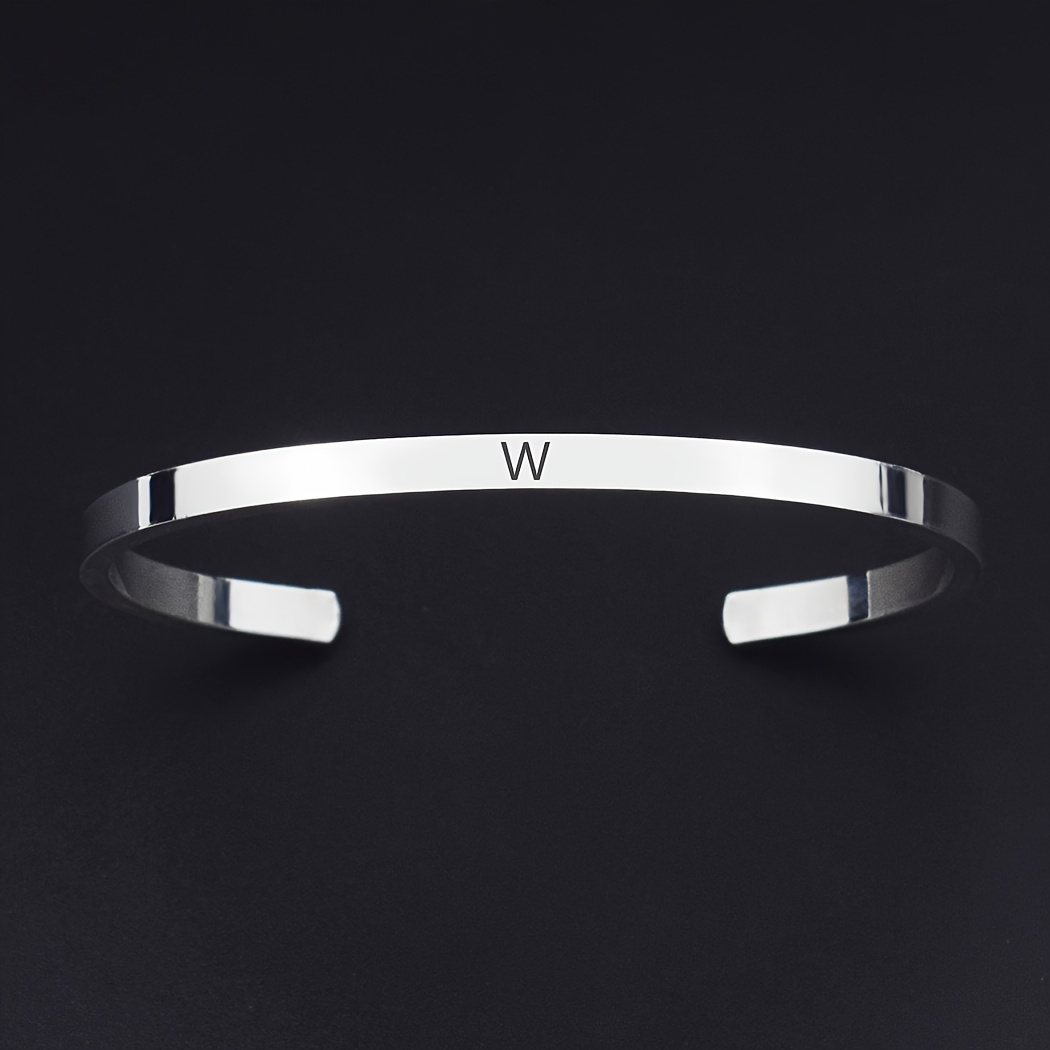 Women's Initial W Stainless Steel Minimalist Cuff Bracelet, Gift