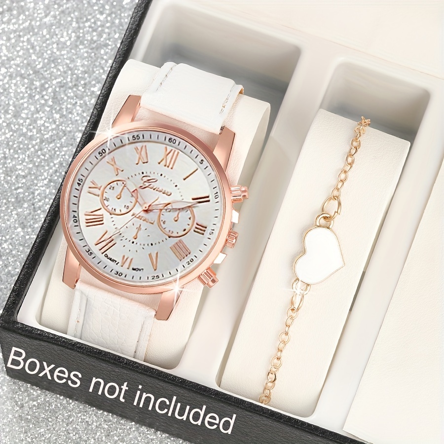 

2pcs/set Women's Casual Round Pointer Quartz Watch Analog Pu Leather Wrist Watch & Heart Bracelet, Valentines Gift For Her
