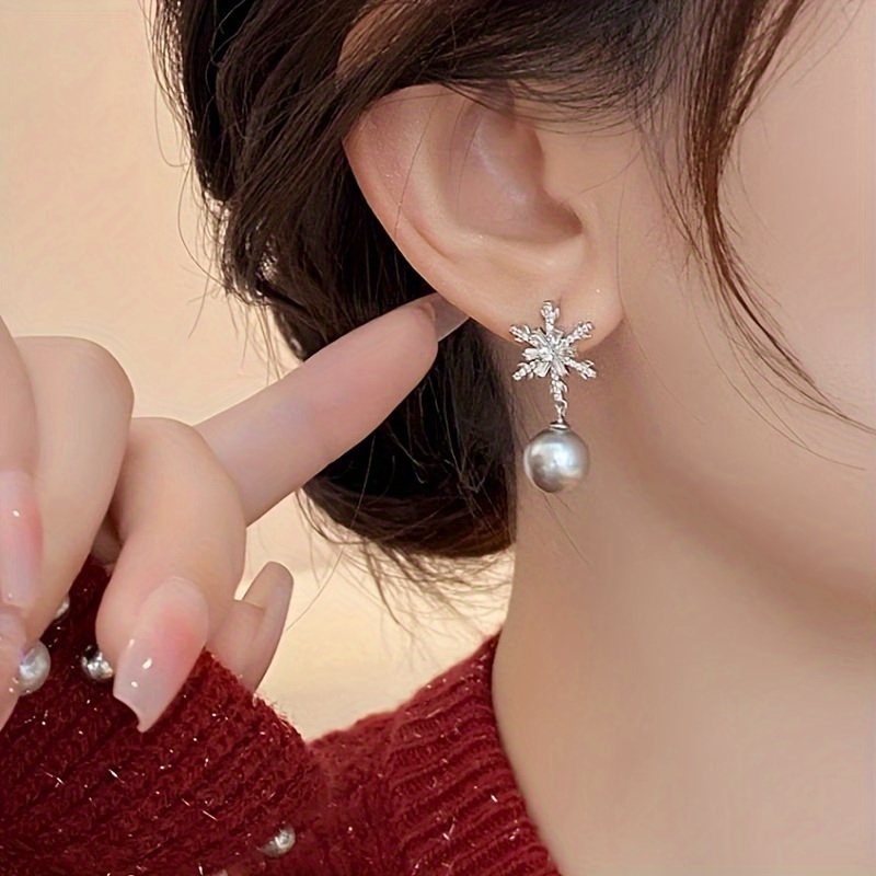 

Elegant Snowflake Drop Earrings With Imitation Pearl Dangle For Women, Simple Alloy No Plating Design, Daily & Banquet Wear, 925 Sterling Silver Ear Needle - 1 Pair