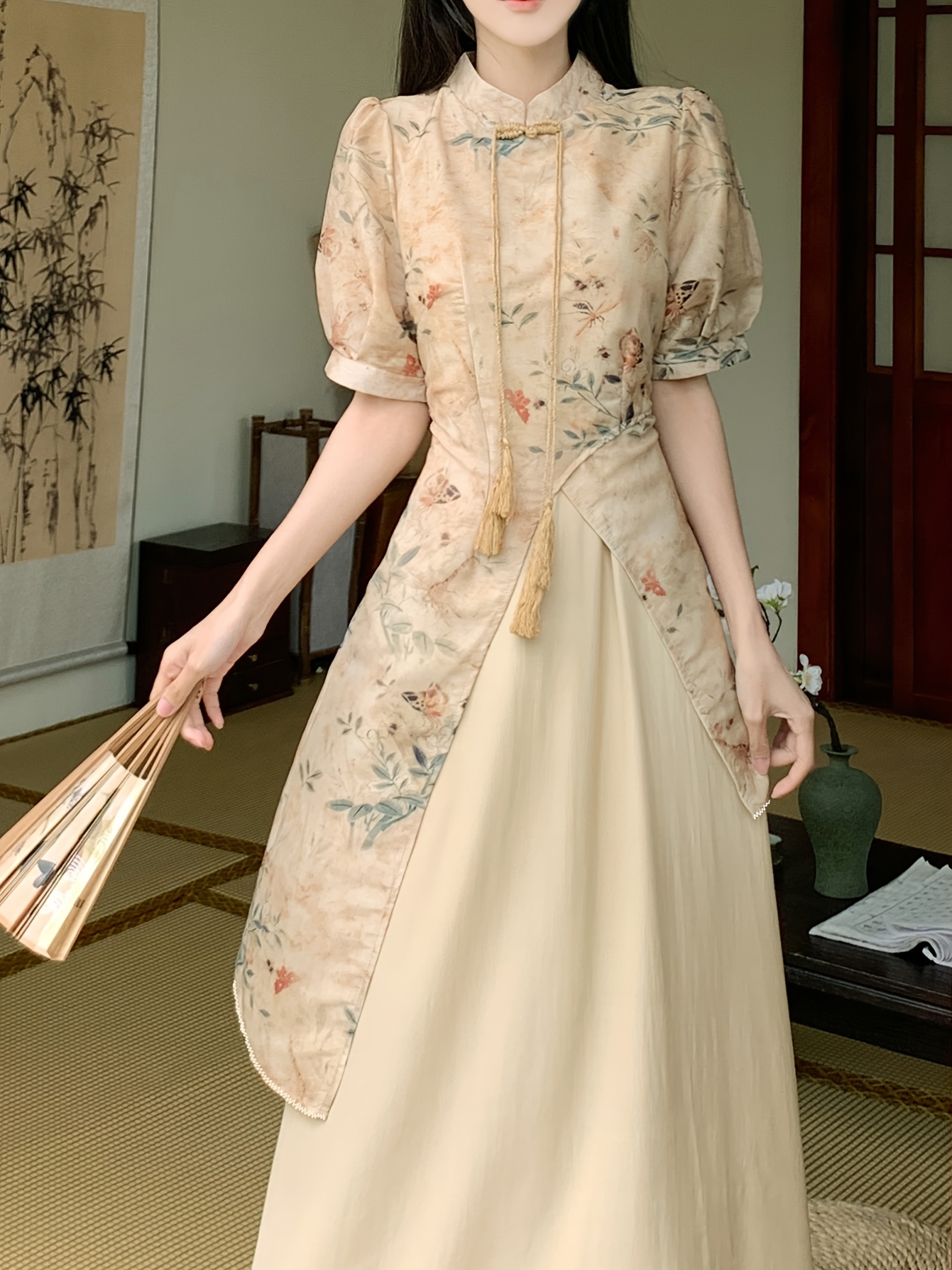 Women's Elegant Chinese Cheongsam Dress - * Fit Long Flowy Dress with  Floral Print * Collar & Chest Tassel, Short Sleeve Traditional Knight