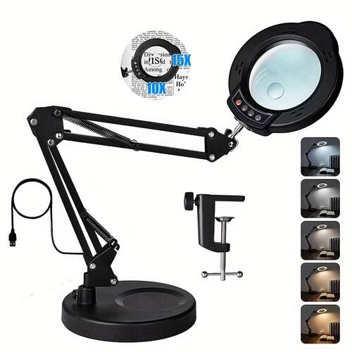 15x 10x dual magnification led desk lamp magnifier clamp and round level dimmable brightness usb powered for reading repair craft sewing nail art carving and close work