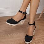 sandalias de cuña con correa en el tobillo para mujer, color negro, punta redonda y de cuerda - zapatos elegantes para vacaciones en , calzado de | correa delgada al tobillo | tejida de cuerda