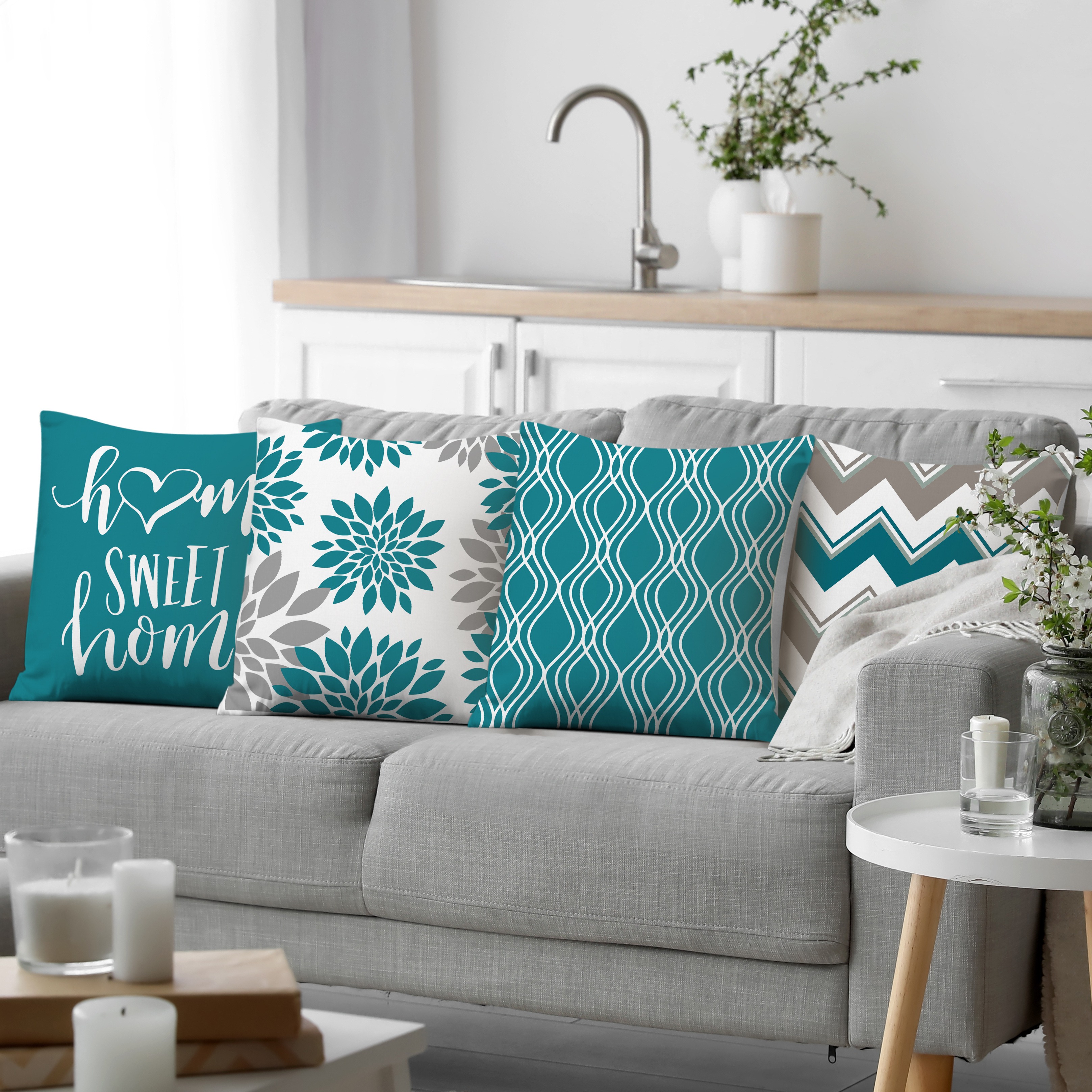 cuscini moderni a geometrie e fiori a righe blu e Temu Italy