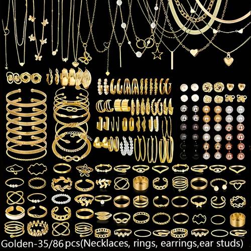 86 35 pcs fashionable simple and elegant bohemian style womens earrings bracelets necklaces and rings 35 piece jewelry set with heart and geometric wave designs suitable for daily wear parties vacations and dates