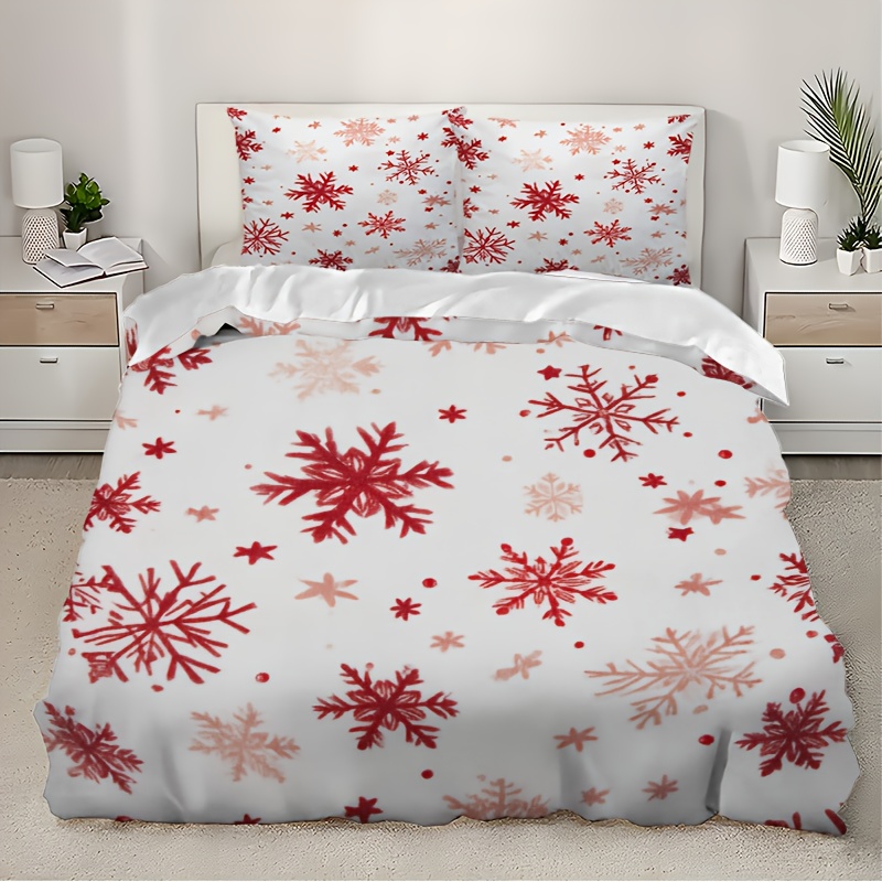 3pcs Winter Bedding Set - Red & Grey Snowflake Pattern, Machine Washable All-Season Duvet Cover & Pillowcases (1 +2) for Christmas, New Year's Decor - Bedding Basics Collection, Holiday Bedroom, Guest Room Essentials, Festive Design, Easycare Fabric, Durable Material, Seasonal Gift Buyers, Home Decorators, 2D Flat