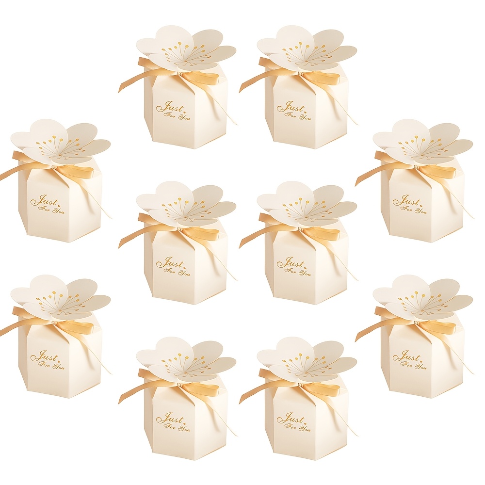 TEMU Regalo /Lui 10 pezzi di simpatiche scatole regalo esagonali 3D a forma di fiori di ciliegio con nastro di raso, scatole regalo con lamina d'oro