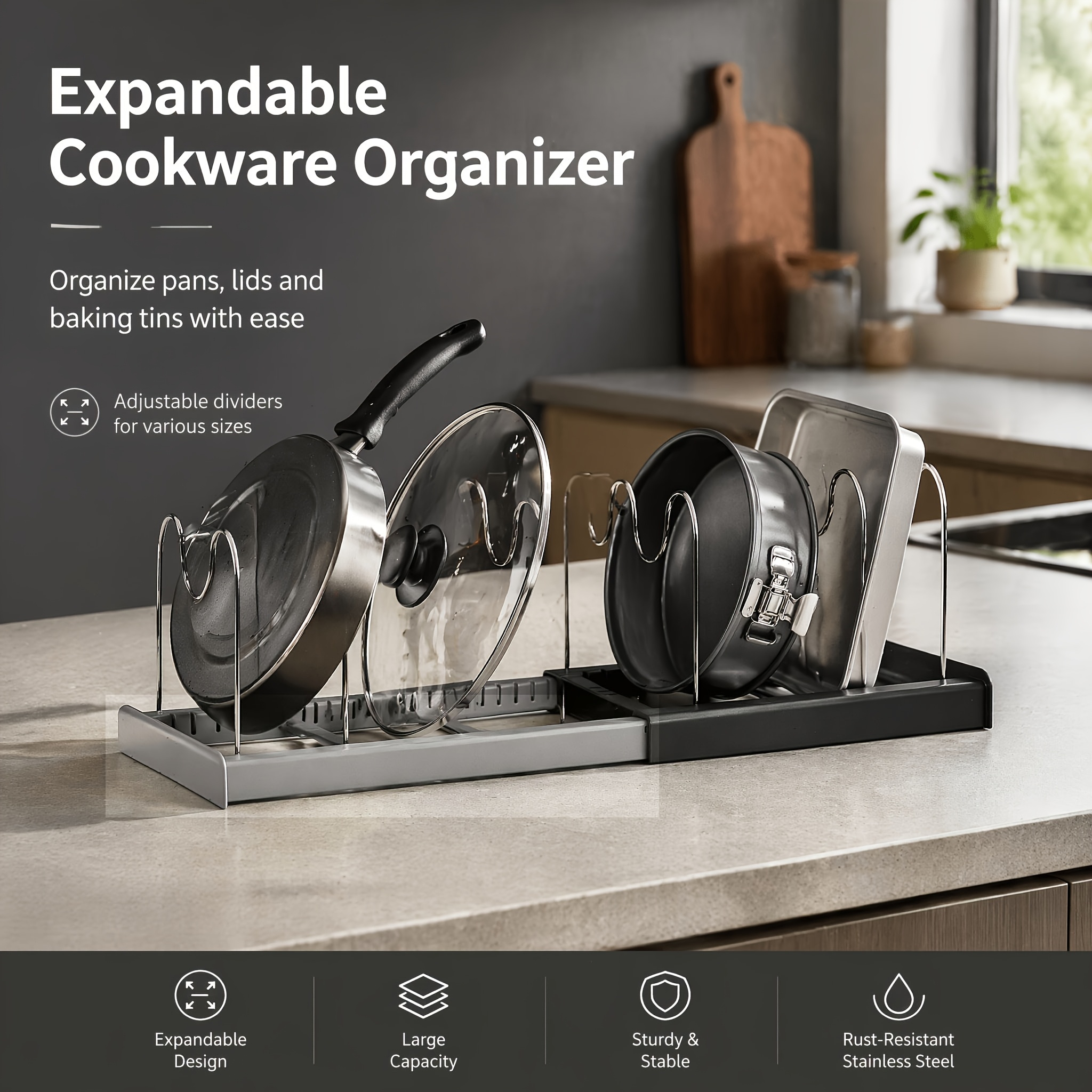 TEMU Adjustable Pot Lid Organizer, Suitable For Cabinet Drawers And Countertops, Extra-large Capacity Kitchen Rack To 10 Items, Sturdy Cookware Rack