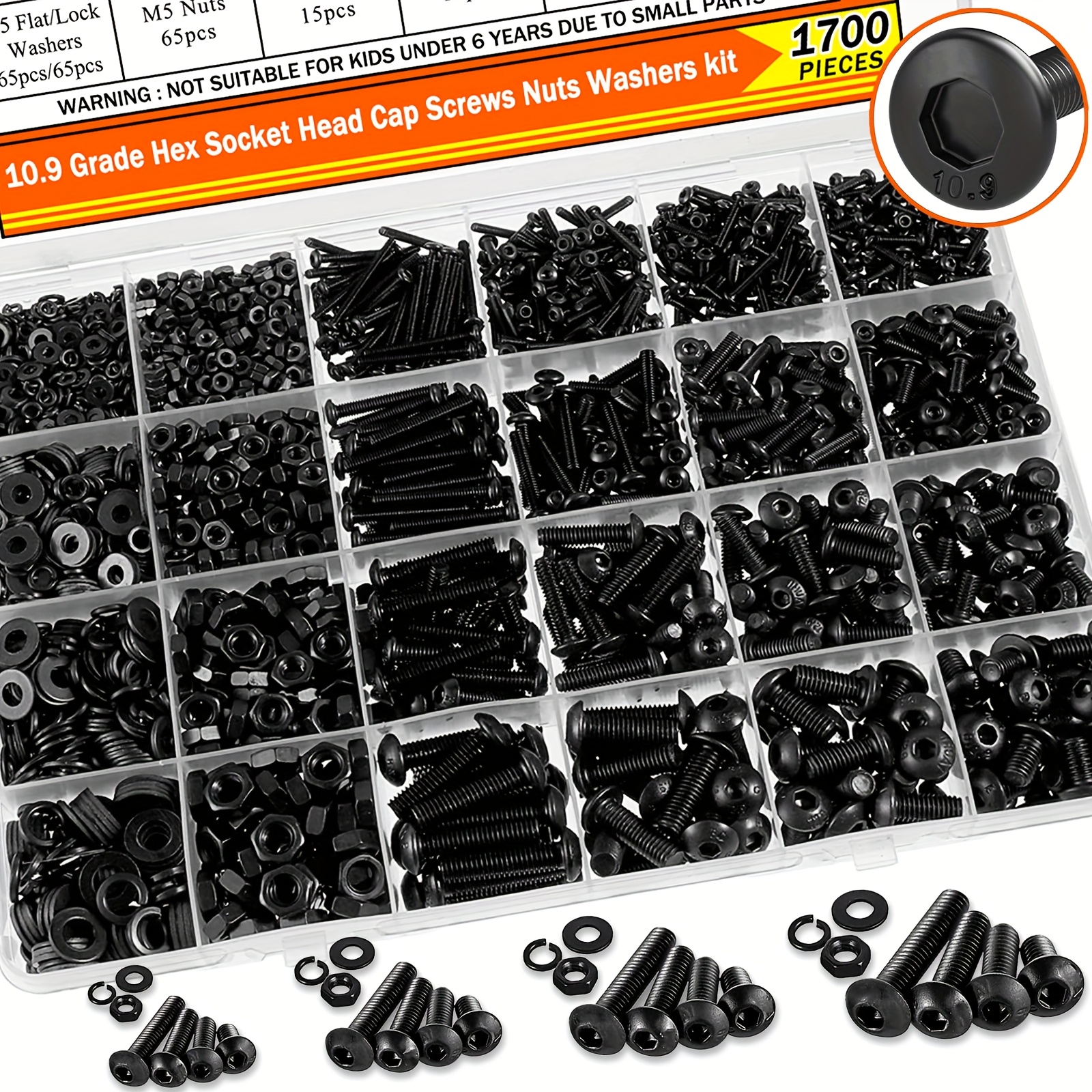 Juego de 1700 piezas de tornillos hexagonales con cabeza de botón, kit de tuercas y tornillos métricos M2, M3, M4, M5 con arandelas planas y de seguridad, aleación de acero grado 10.9, con estuche