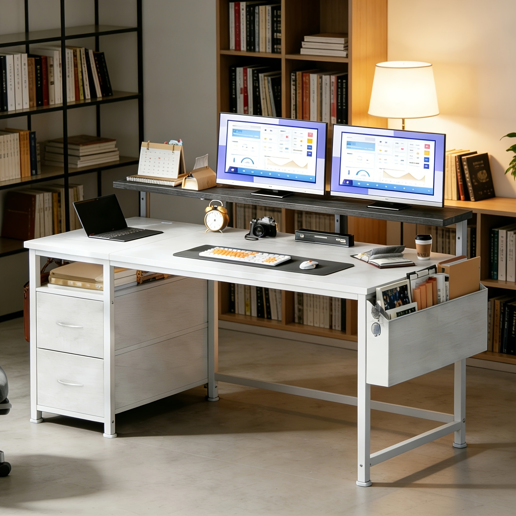 Desk With 2 Drawers Provides Storage Space, Computer Desk, 100 X 48cm Desk With Monitor Stand, 2 Storage Hooks, Compact Dimensions, Fits Well In Students, Home Office Workers, White, Black