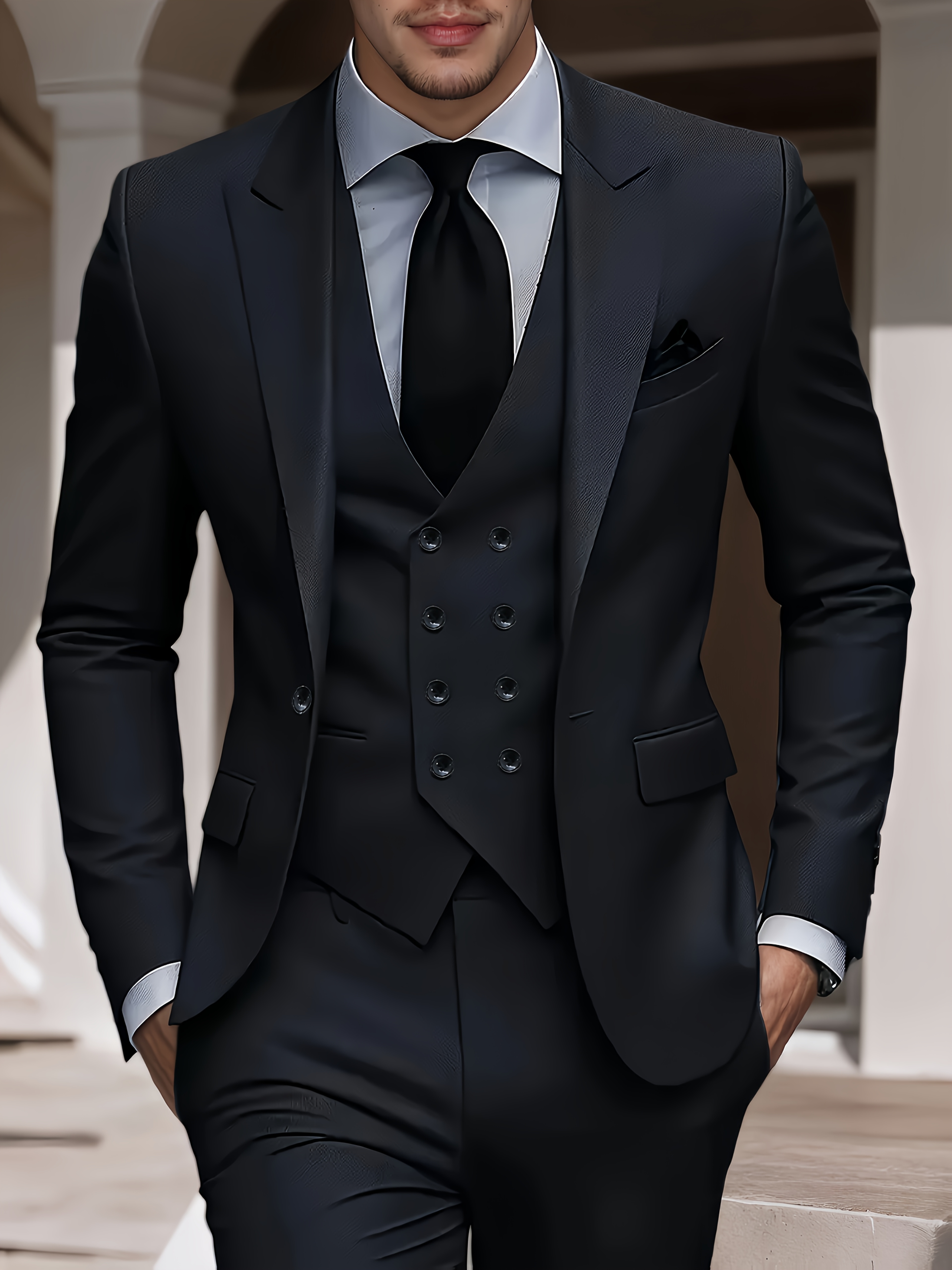 3pcs Men'S Solid Color Suit Set, Light Business Elegant Wedding Suit