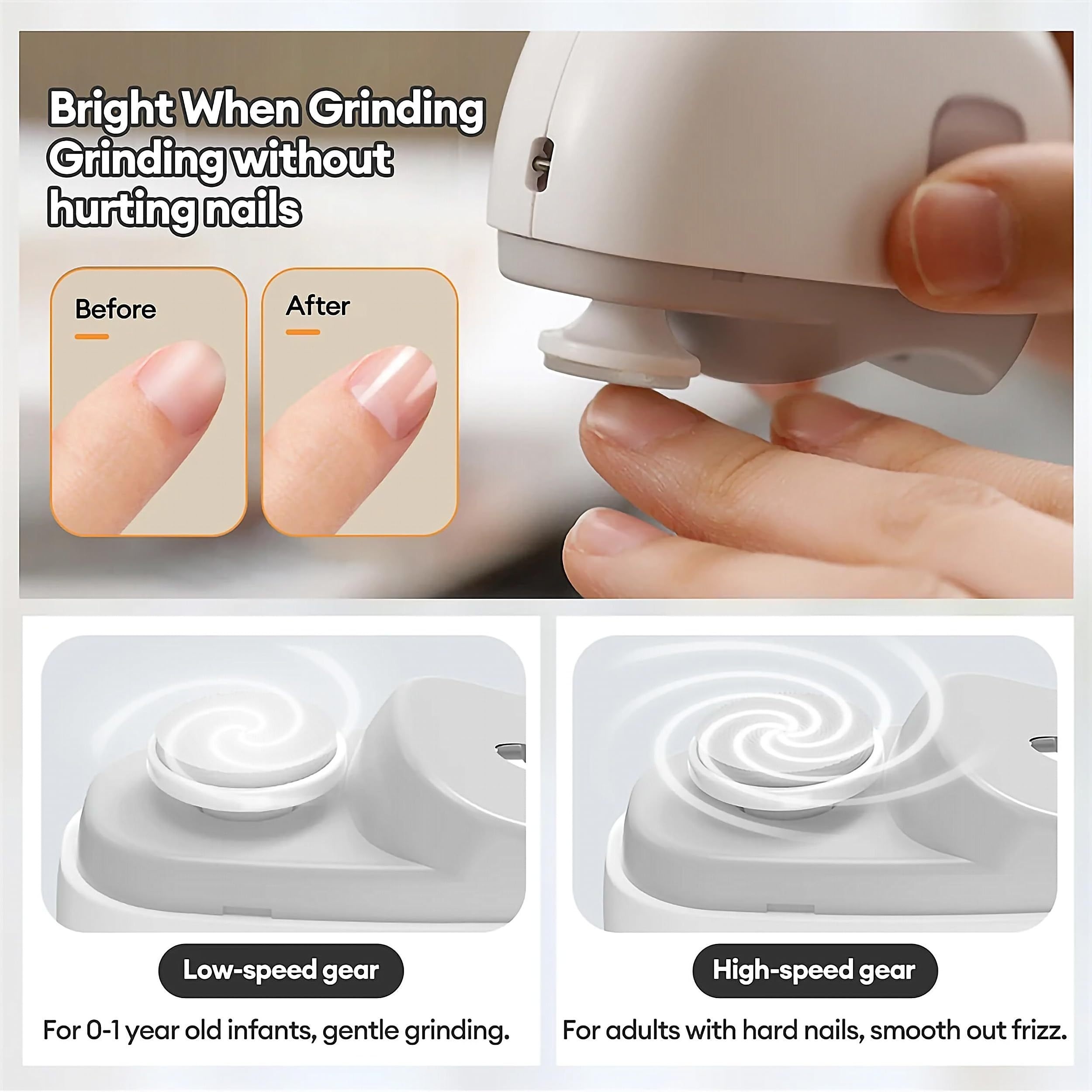electric nail clipper 2 in 1 nail file with light   rechargeable lithium battery powered nail drill usb charging 360 grinding unscented automatic nail art clipper white details 3