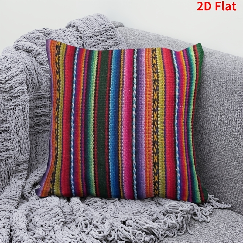 TEMU 1pc 2d Flat Printed Colorful Striped Textile Pillow Cover,zipper Closure, Machine Washable, No Lining,suitable For Decorating Sofas, Living