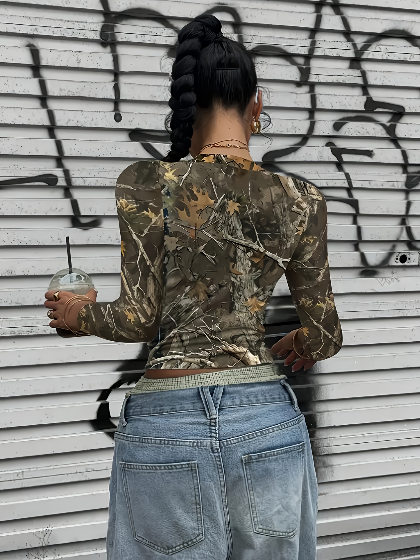 womens camo print long sleeve crop top t shirt stretchy Temu