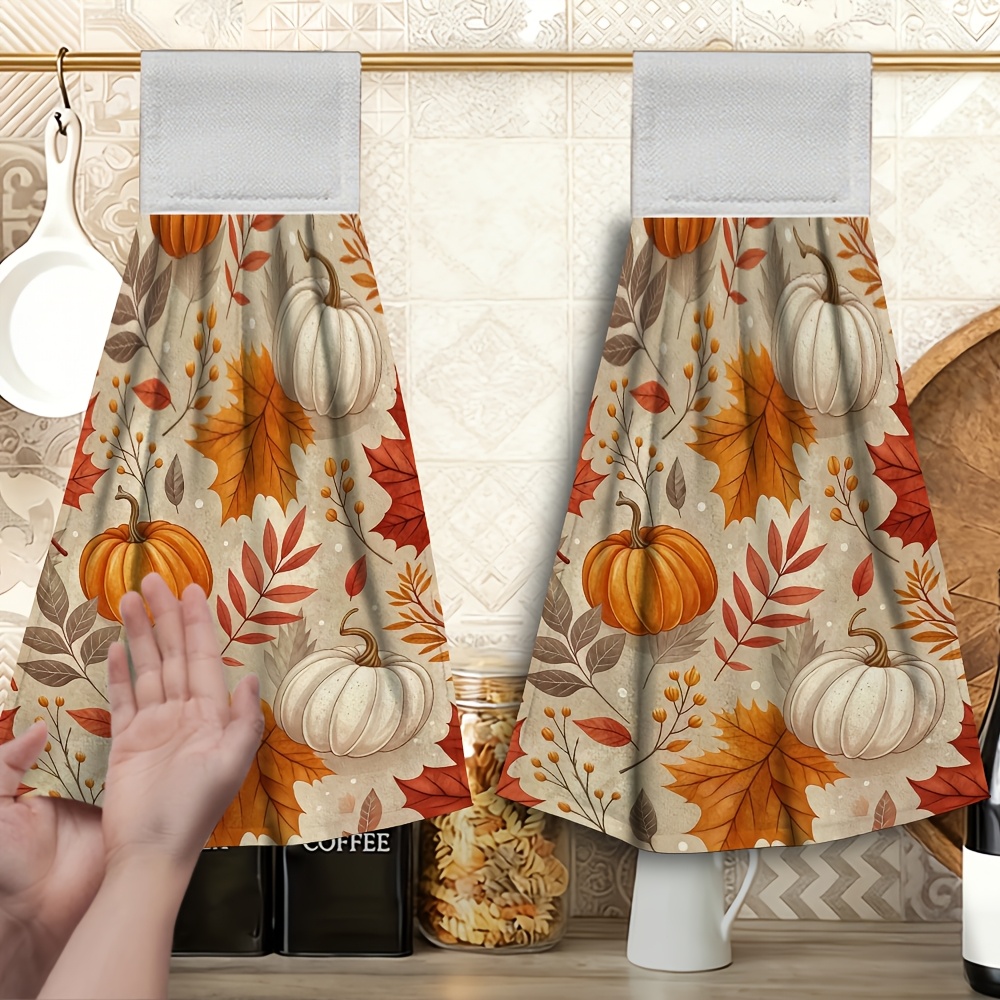 TEMU 2pcs Hanging Hand Towel With Pumpkin Leaf , Microfiber Fingertip Towels With Hanging Loops, Soft And Quick-drying, Simple And Cute, Suitable For