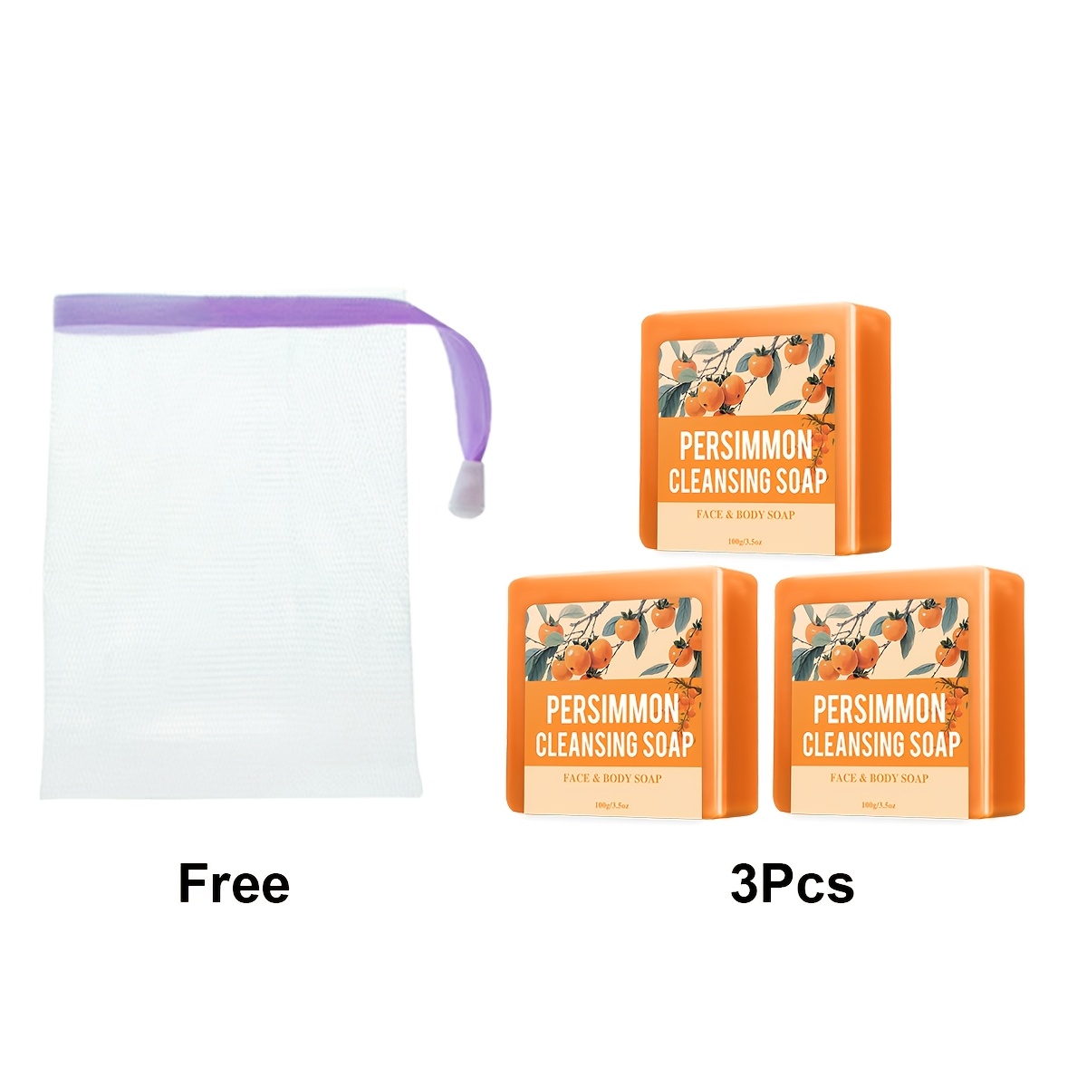 Image of 3pcs Persimmon Scrub Soap, Cold , , Including Foam Network, Soap For Cleaning Hair, Face, And Body, That Moisturizes And Clean The Body, Suitable For Types, Mothers Day Gift -100g