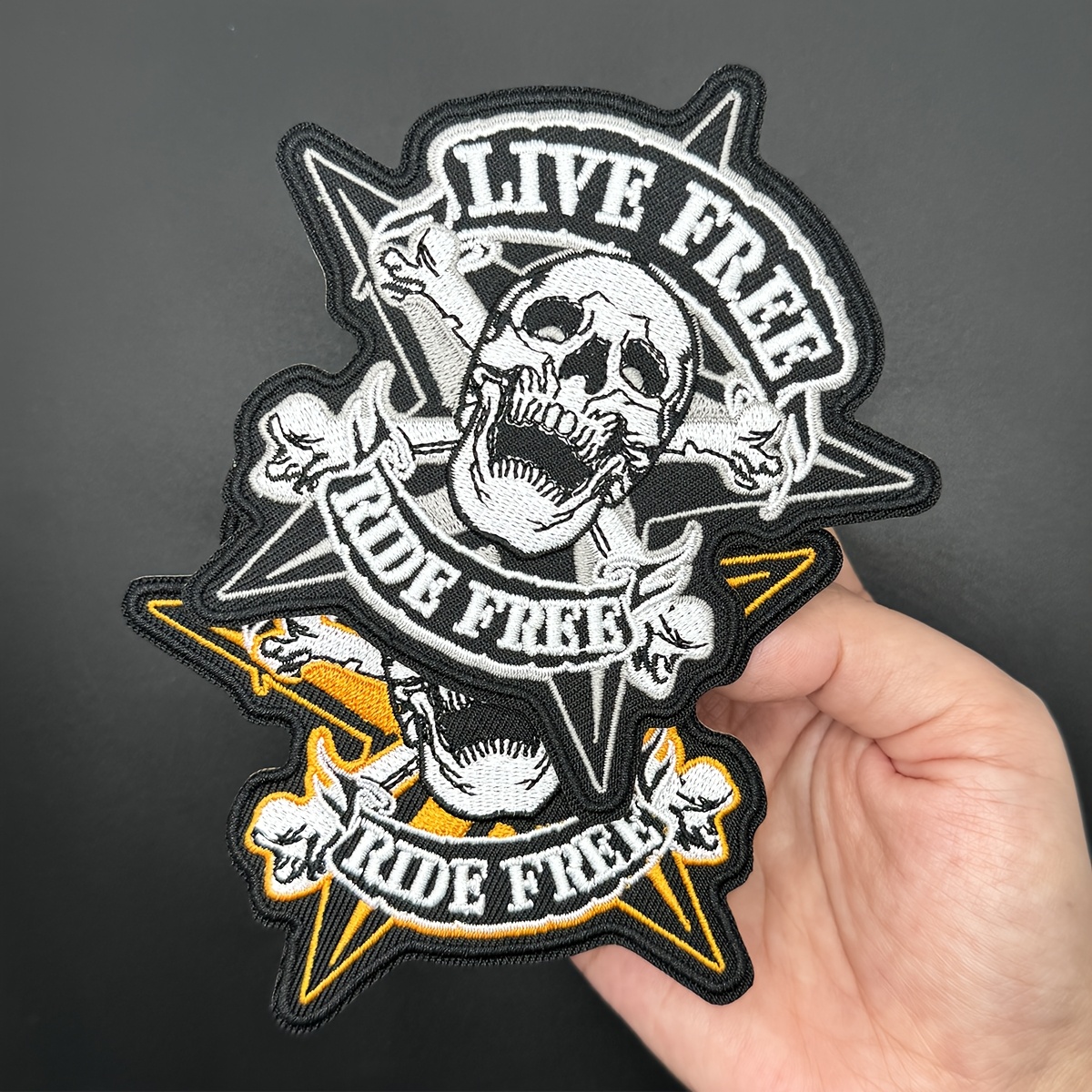 

1pc Skull Embroidery Iron-on Patch - "live Free" & "" Designs, Star-shaped Applique For Clothing, Backpacks, Jeans, T-shirts, Machine Washable