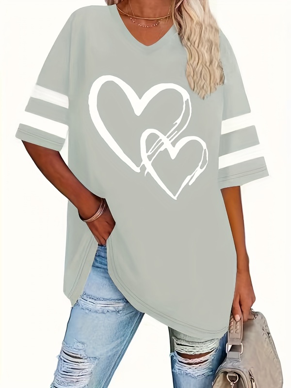 Plus Size, Plus Size Minimalist Heart Print Elegant and Comfortable Short Sleeve T-Shirt for Spring/Summer