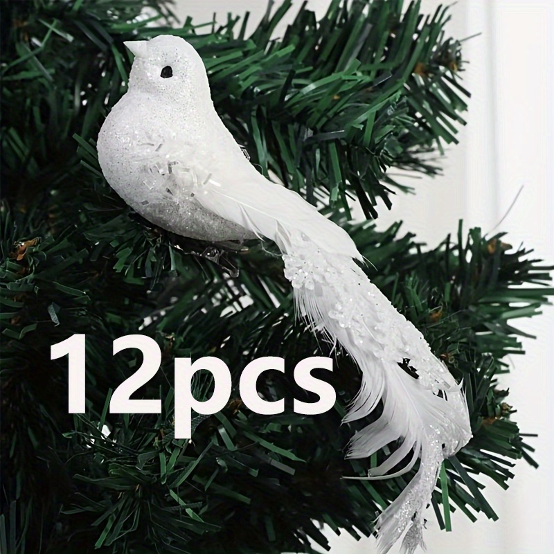 TEMU 12pcs Christmas Birds With Long Tail Snowflake Feathers - Plastic Wall Hanging Ornaments For Christmas Tree, Garden, Lawn, And Home Decor -