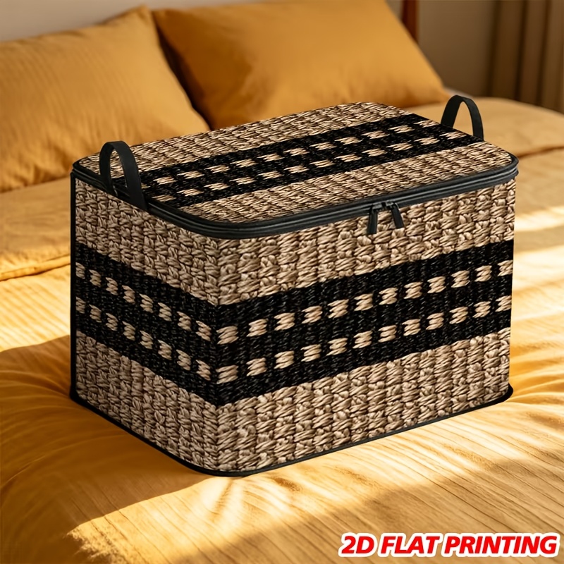 TEMU 1pc Large Beige Woven Basket With Lid - Foldable And Stackable, Ideal For Organizing Clothes, Blankets | Dust-proof Large Rectangular Box, 2d