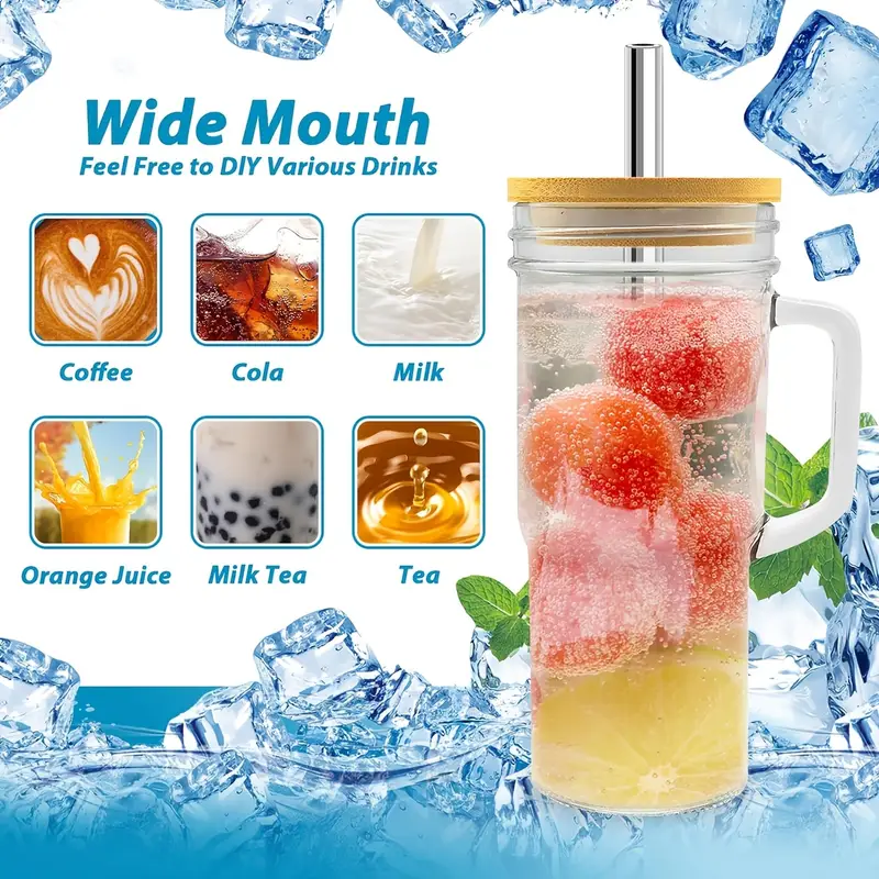 2 4pcs handle car cup 24oz high borosilicate glass cup without bpa with bamboo lid and straw suitable for use with iced milk lemonade preparing for party free sealing lid and brush Product details 1