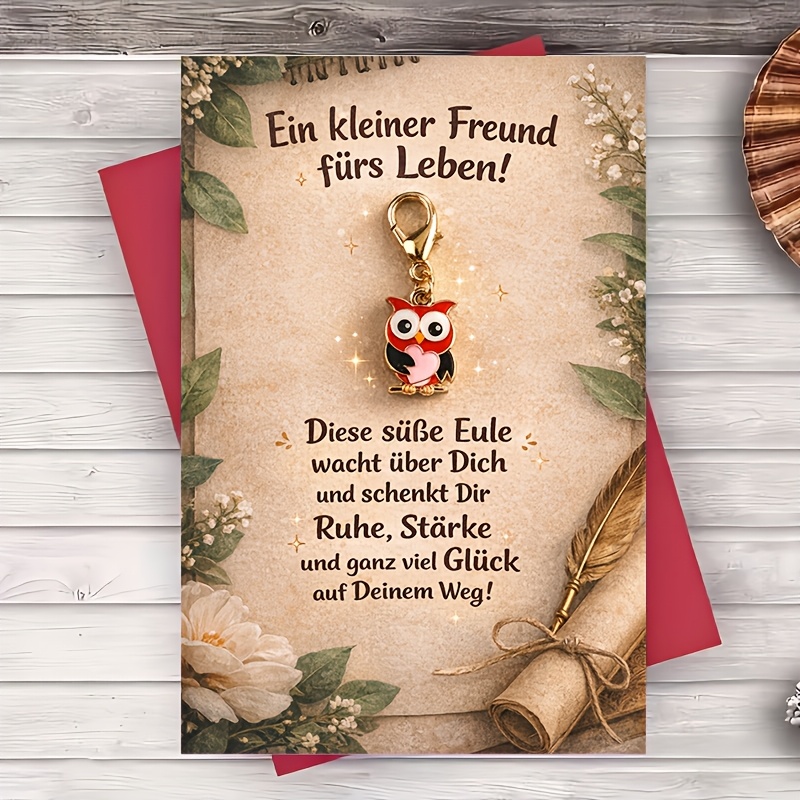 Image of 1pc Greeting Card Owl Good Luck Flat Greeting Card With Heart Charm Design For Graduation Encouragement Birthday Blank Inside
