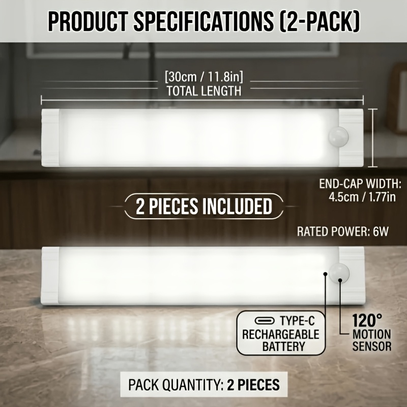 2 Pack Led Motion Sensor Cabinet Light, Wireless Magnetic Usb Rechargeable Under Cabinet Lighting, 6500k Cool White Dimming Night Light, Suitable For Kitchen, Wardrobe, Cabinet, Stairs, Storage Room