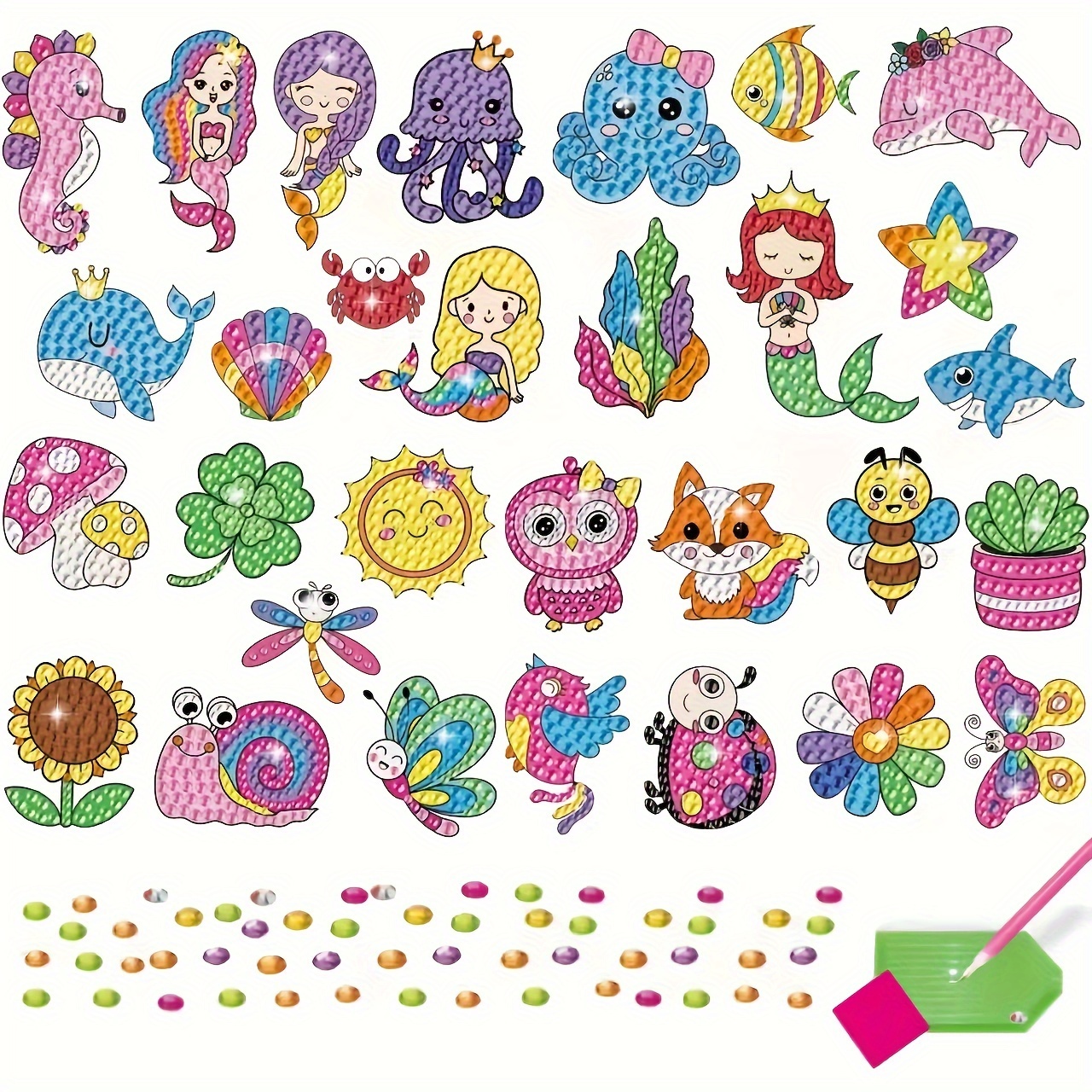 TEMU 30/40-pcs Shiny 5d Diy Art Painting Sticker Kit, Craft Kit, Marine Animal Crystal Painting Sticker Paint By Numbers Kit, Synthetic Gemstone