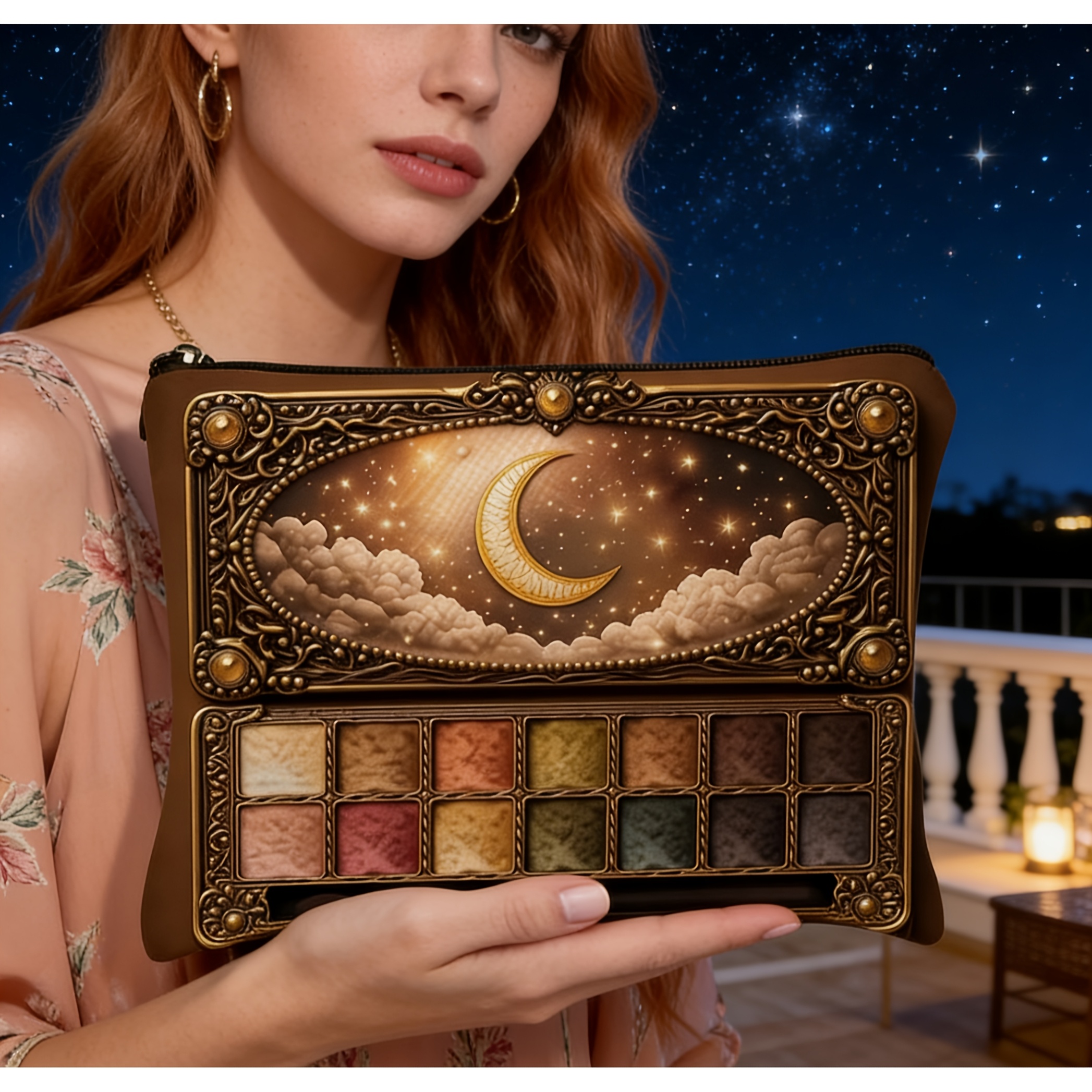 TEMU Rectangular Cosmetic Bag, 2d Flat Printing, Brown With Eyeshadow Palette, Moon, Patterns, , Zipper Closure, Portable, Suitable For Travel And