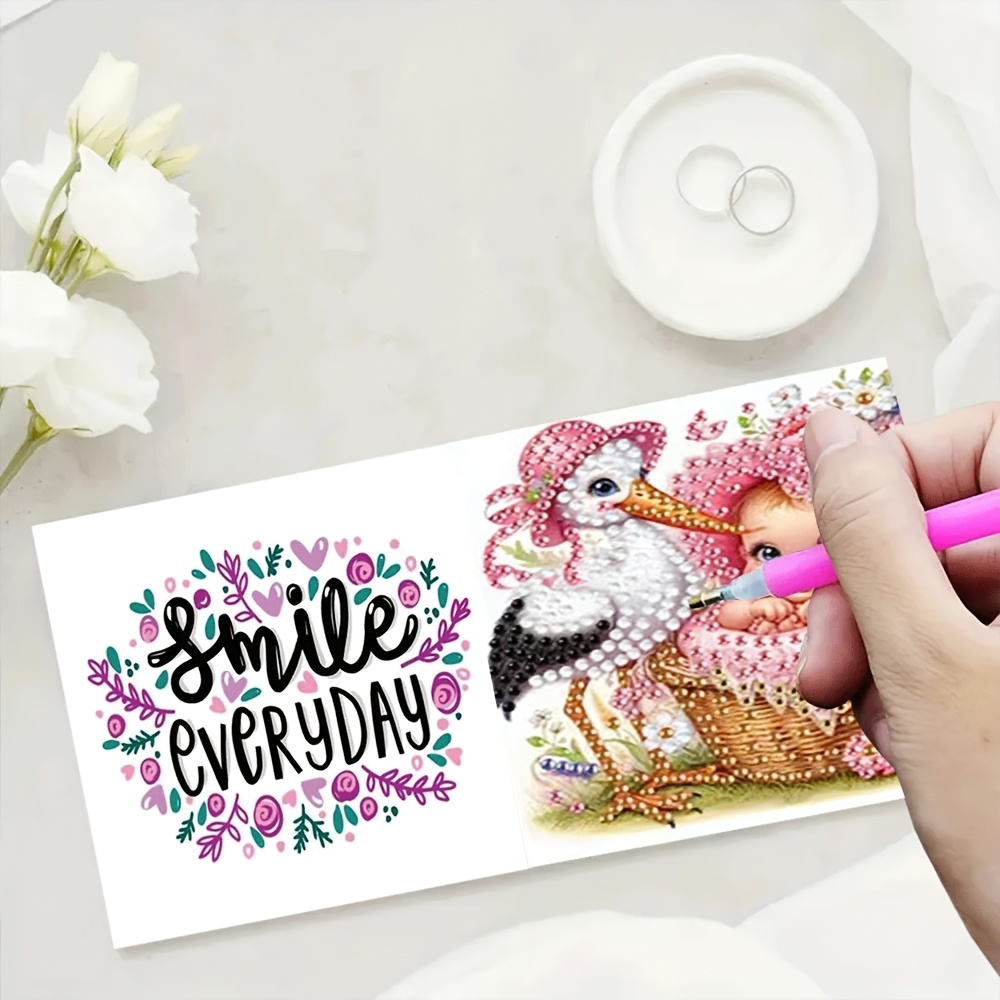 TEMU Design. This Round Rhinestone Painting Card Set Includes 6 Cards, 6 Envelopes, A Rhinestone Bag, And A Tool Kit. A Creative Handmade Greeting