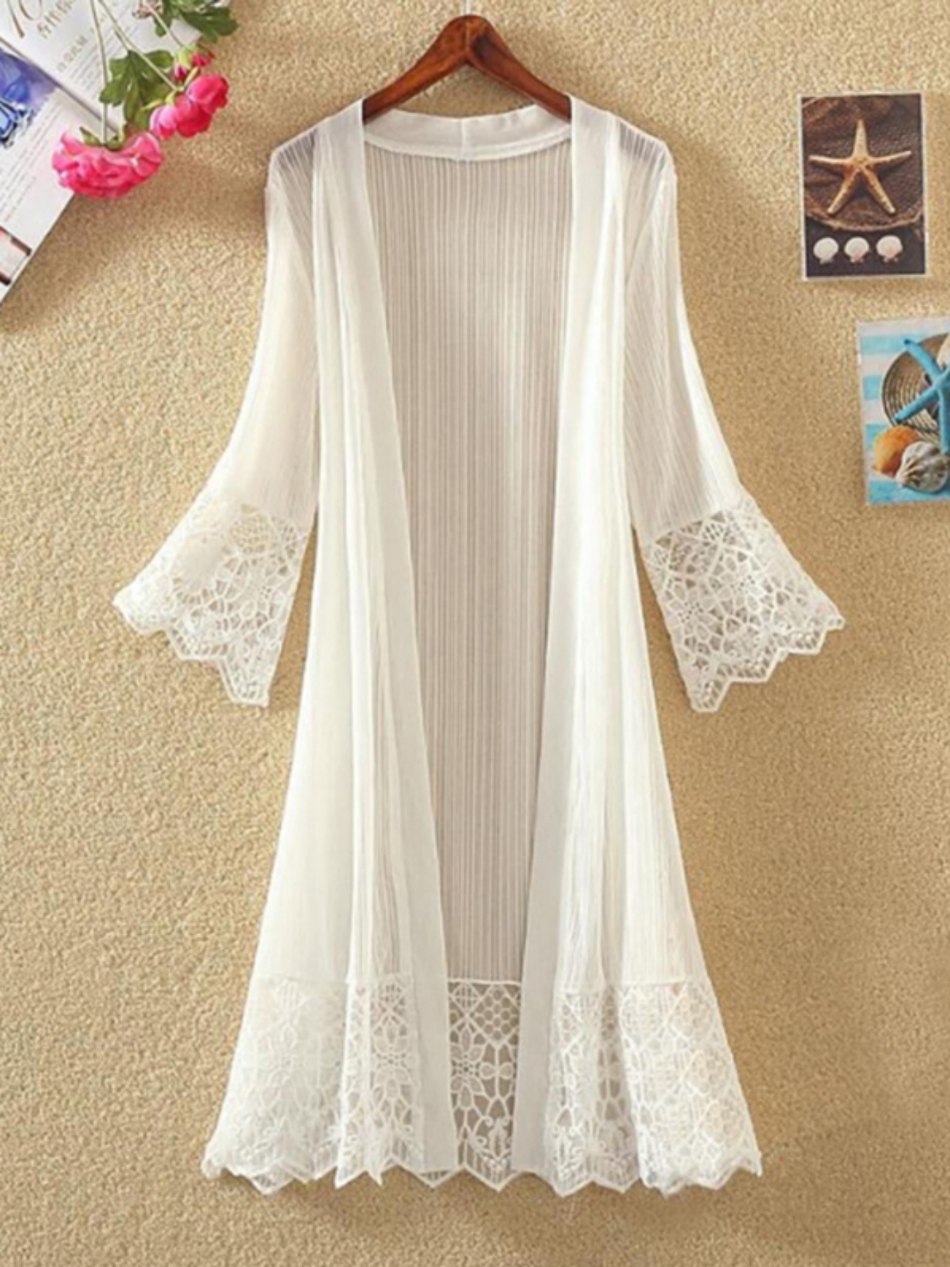 womens elegant long lace cardigan flare sleeves sheer black Temu