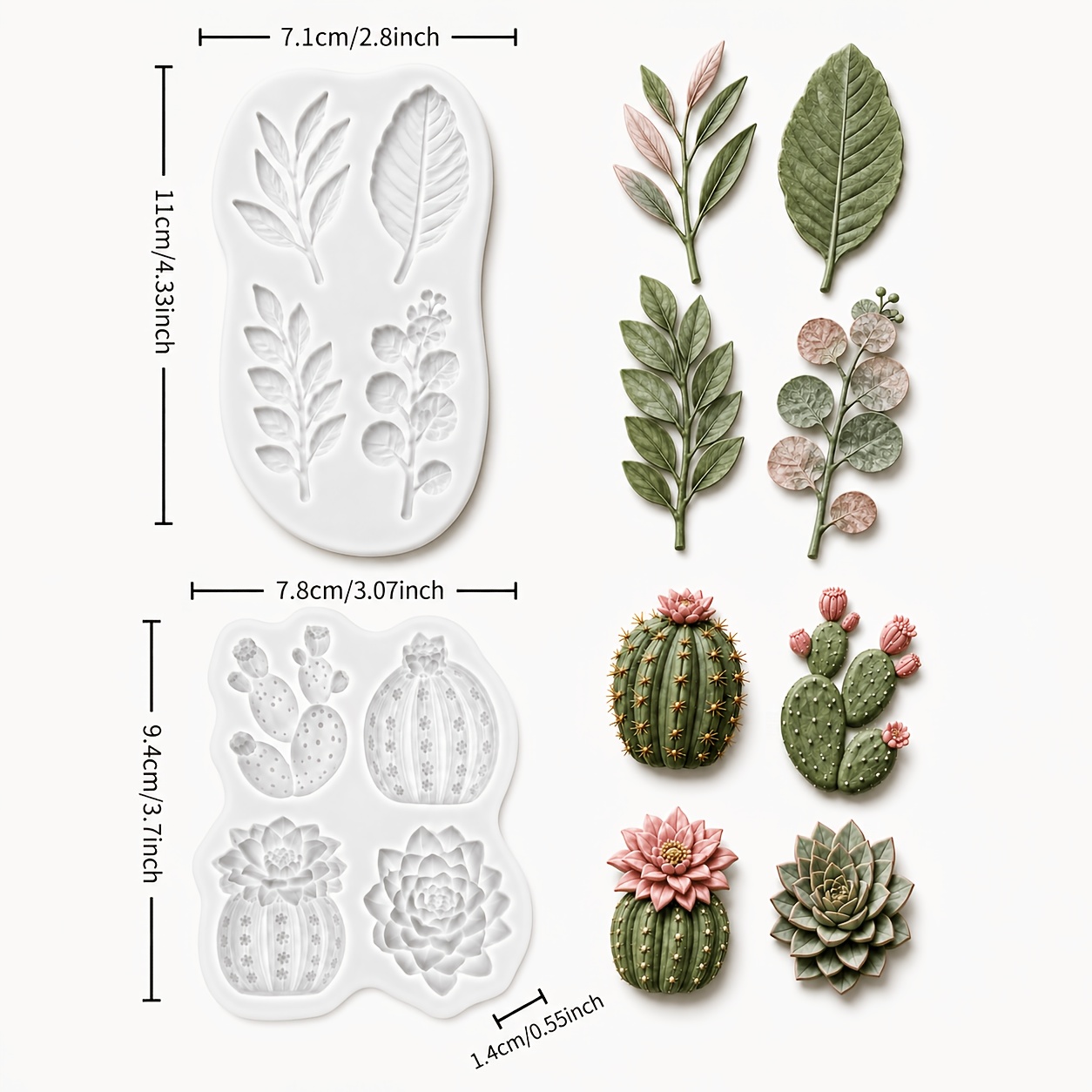 TEMU 2pcs Cactus And Succulent Silicone Mold Set - Botanical Flower And Leaf Resin Molds For Epoxy Resin, Clay, Plaster, And Craft, Reusable Vase