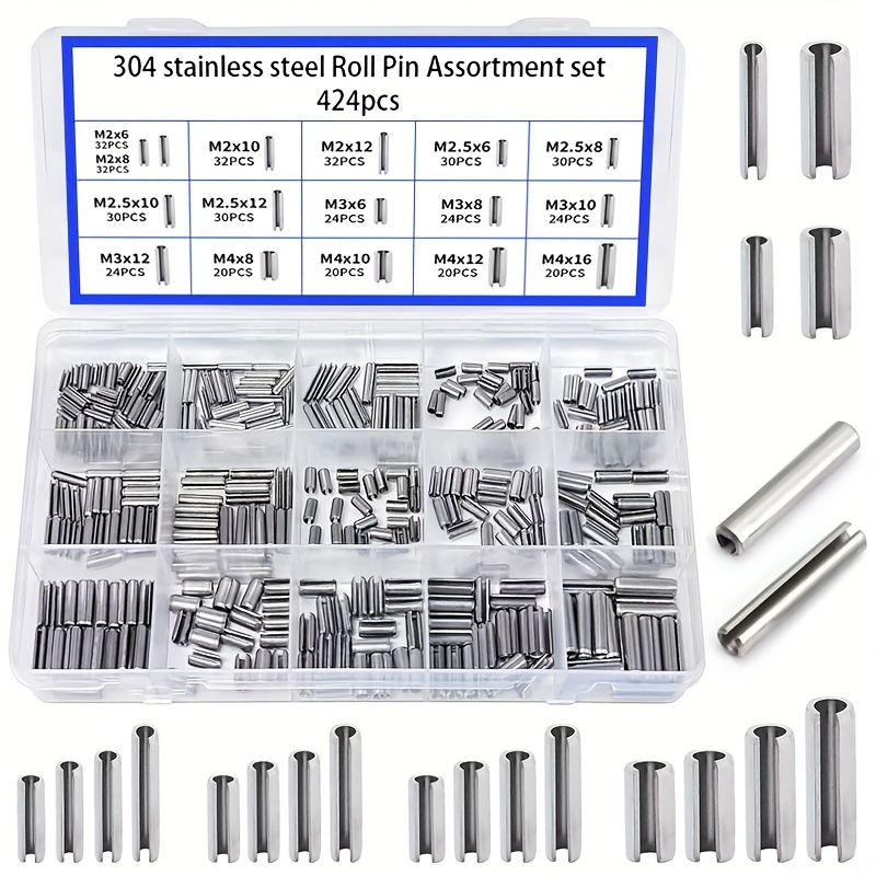 TEMU Kit di classificazione di cilindrici elastici in acciaio inossidabile 304 da 424 pezzi, a spina e a rullo - a molla con scanalatura - a rullo a